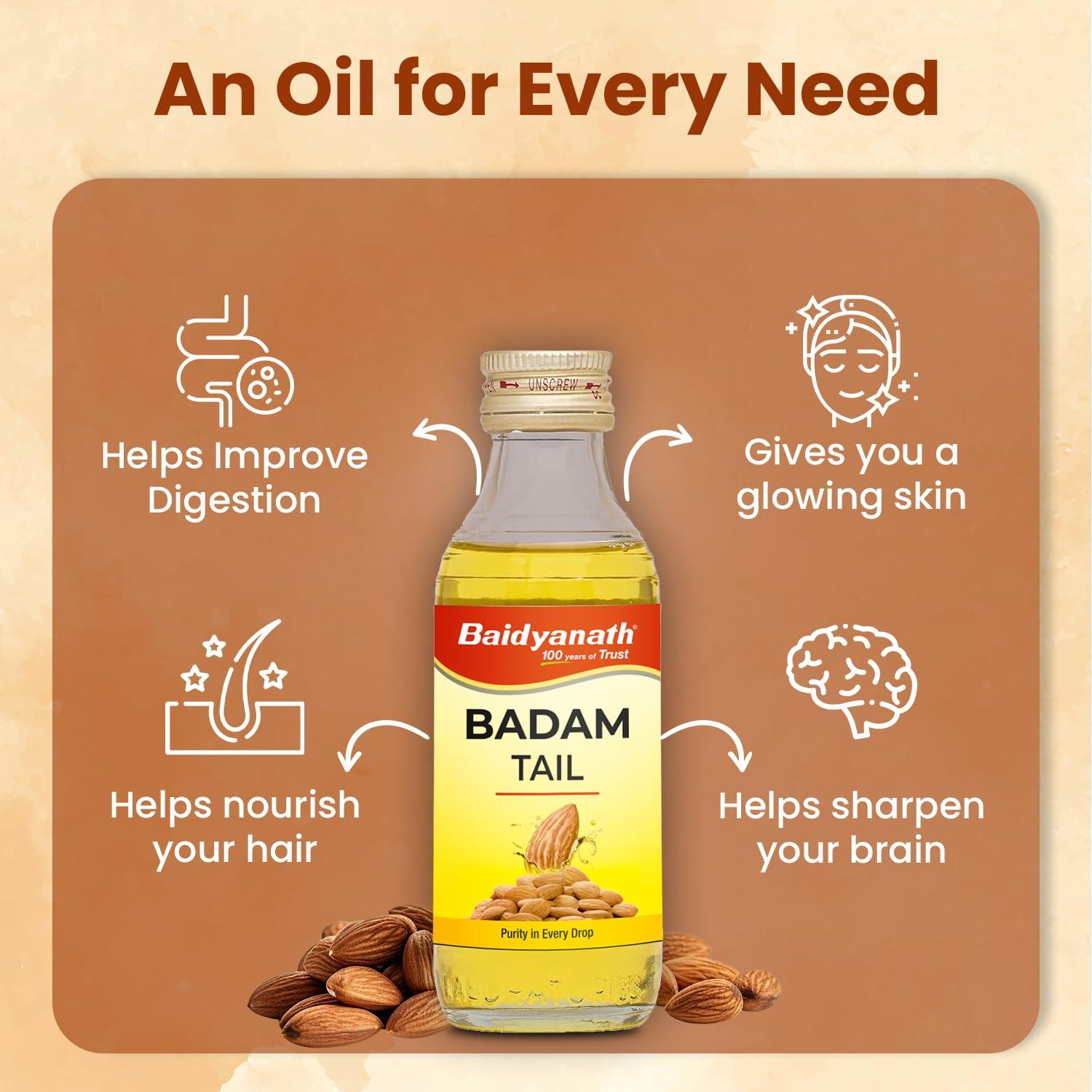 Baidyanath Baidyanath Badam Tail-100ml, Rich in Vitamin-E | Sweet Almond Oil for Healthy Hair & Glowing Skin | Helps & Improve Digestion | Naturally Sourced From Almonds (Pack of 1)