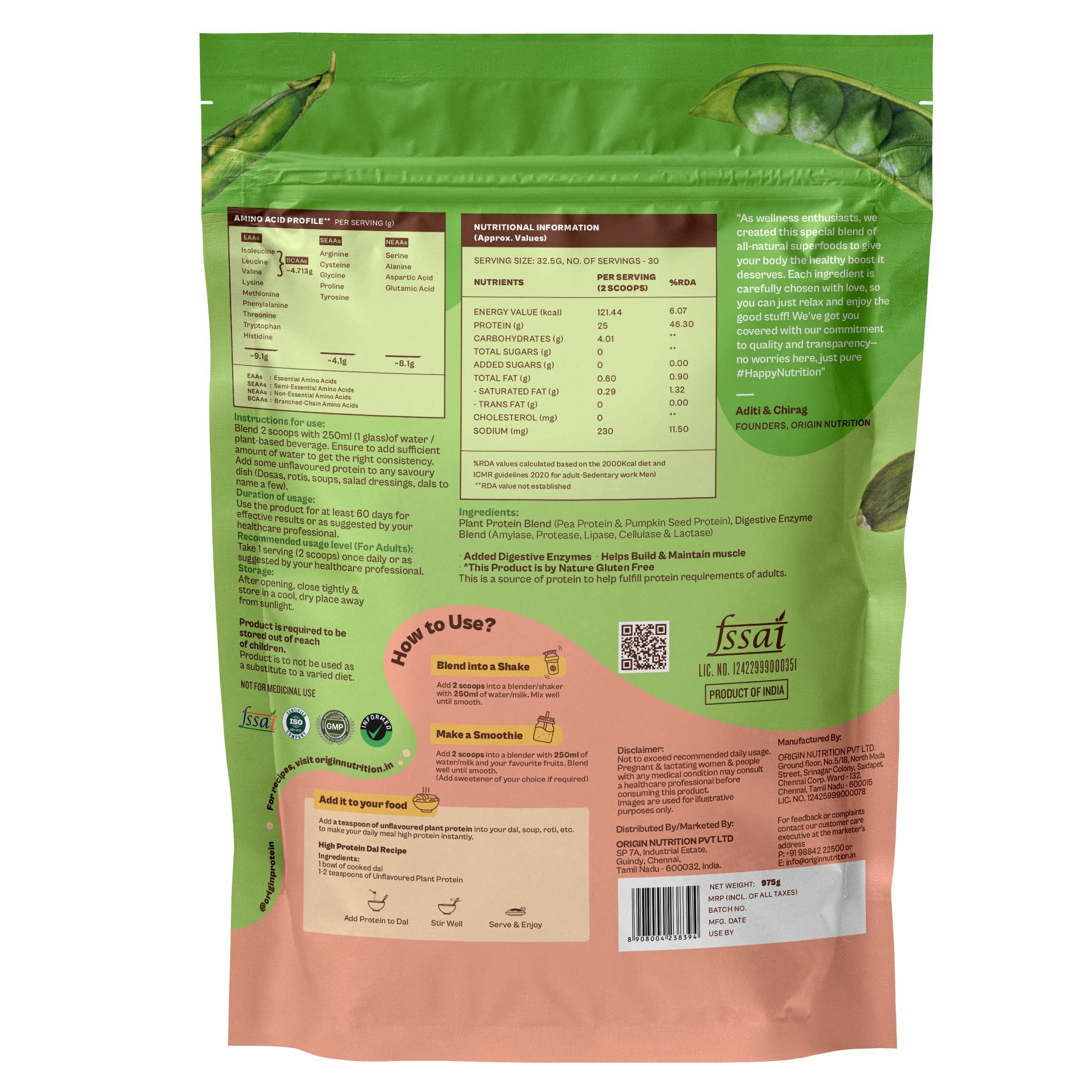 ORIGIN NUTRITION Origin Nutrition 100% Natural Plant Protein Powder (European Pea Protein Isolate & Pumpkin Seed Protein) Easy to Digest Unflavoured with 25g Plant Based Protein,975gm