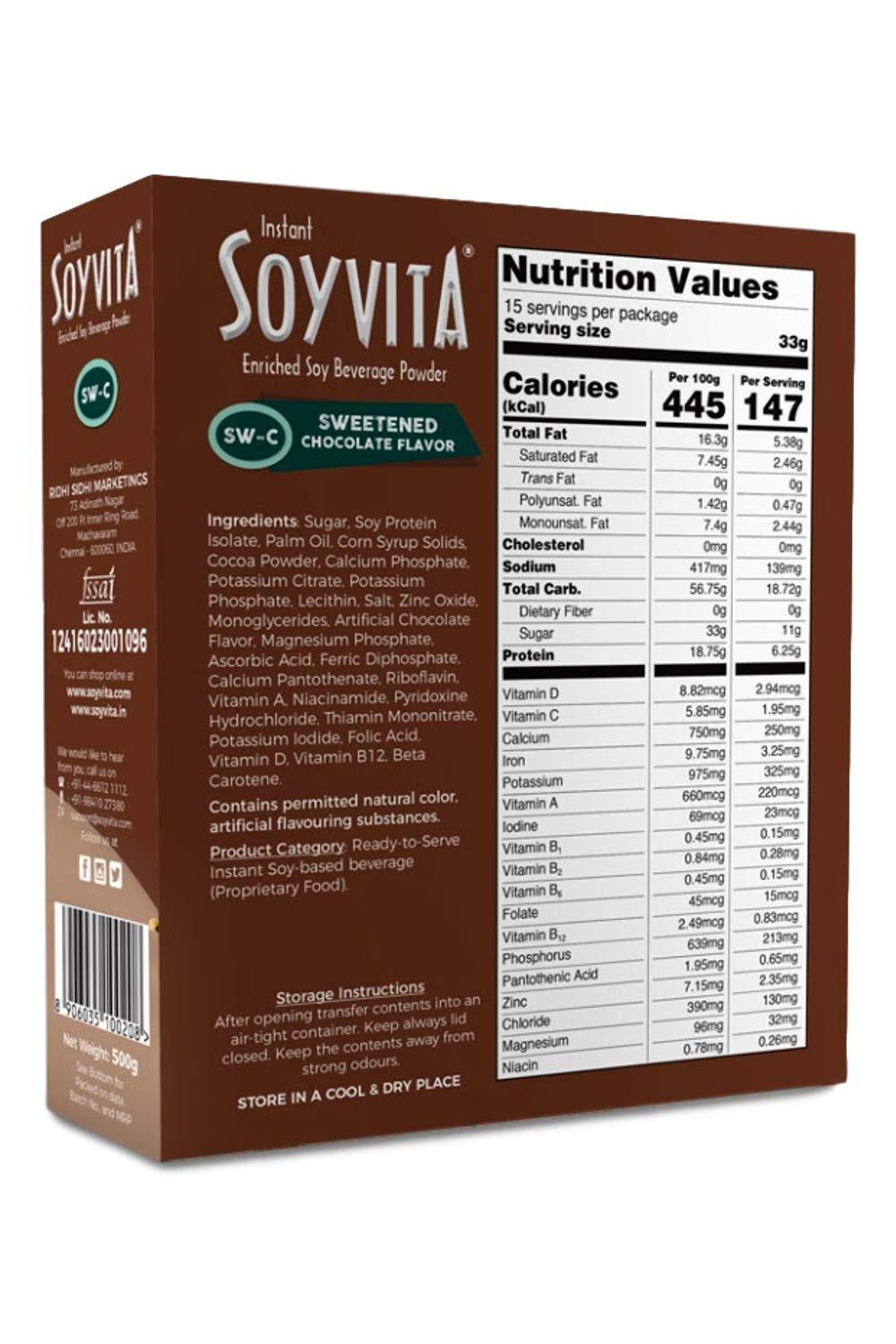 Soyvita SOYVITA - SWEETENED CHOCOLATE | LACTOSE FREE | VEGAN | ENRICHED SOY BEVERAGE POWDER | Serves-15 (500 Gms)