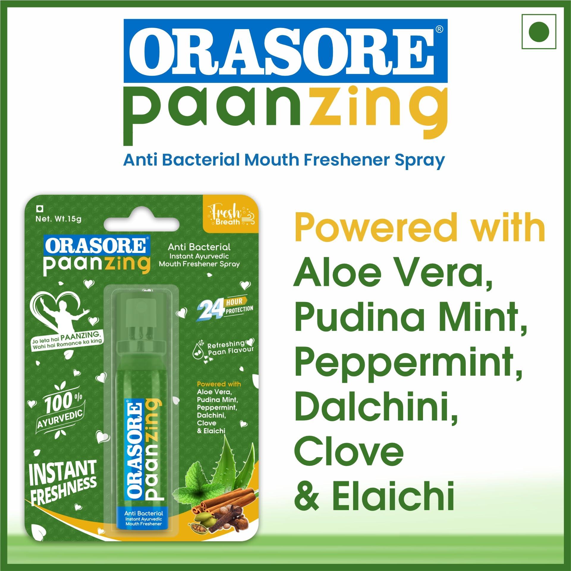 ORASORE PaanZing Instant Mouth Freshener Spray by Orasore | Paan, Aloe Vera, Pudina, Peppermint, Cinnamon, Clove & Elaichi | Anti Bacterial & Long Lasting, Germ-free Blend (Pack of 10)