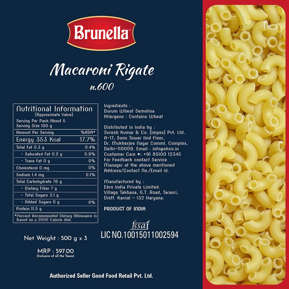 Brunella Brunella Macaroni Rigate Pasta, 500g, Pack of 3
