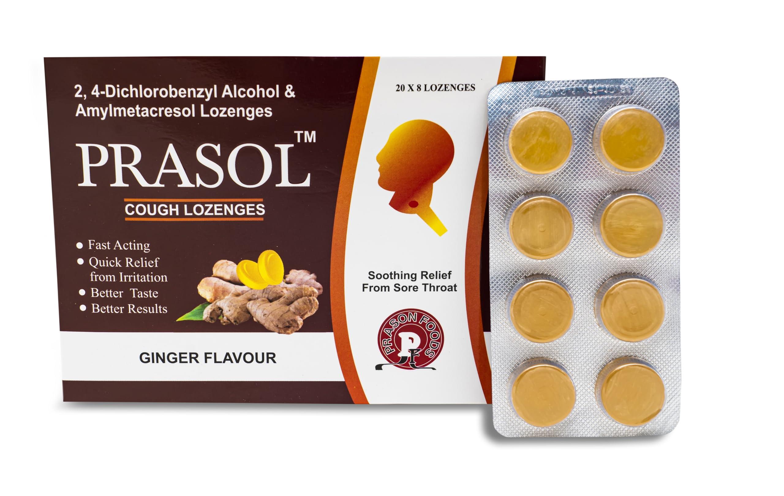 Prasol PRASOL Cough Lozenges (160 Lozenges) | Ginger Flavour | Quick Relief from Sore Throat, Itchy and Scratchy Throat (8 X 20 Strips)