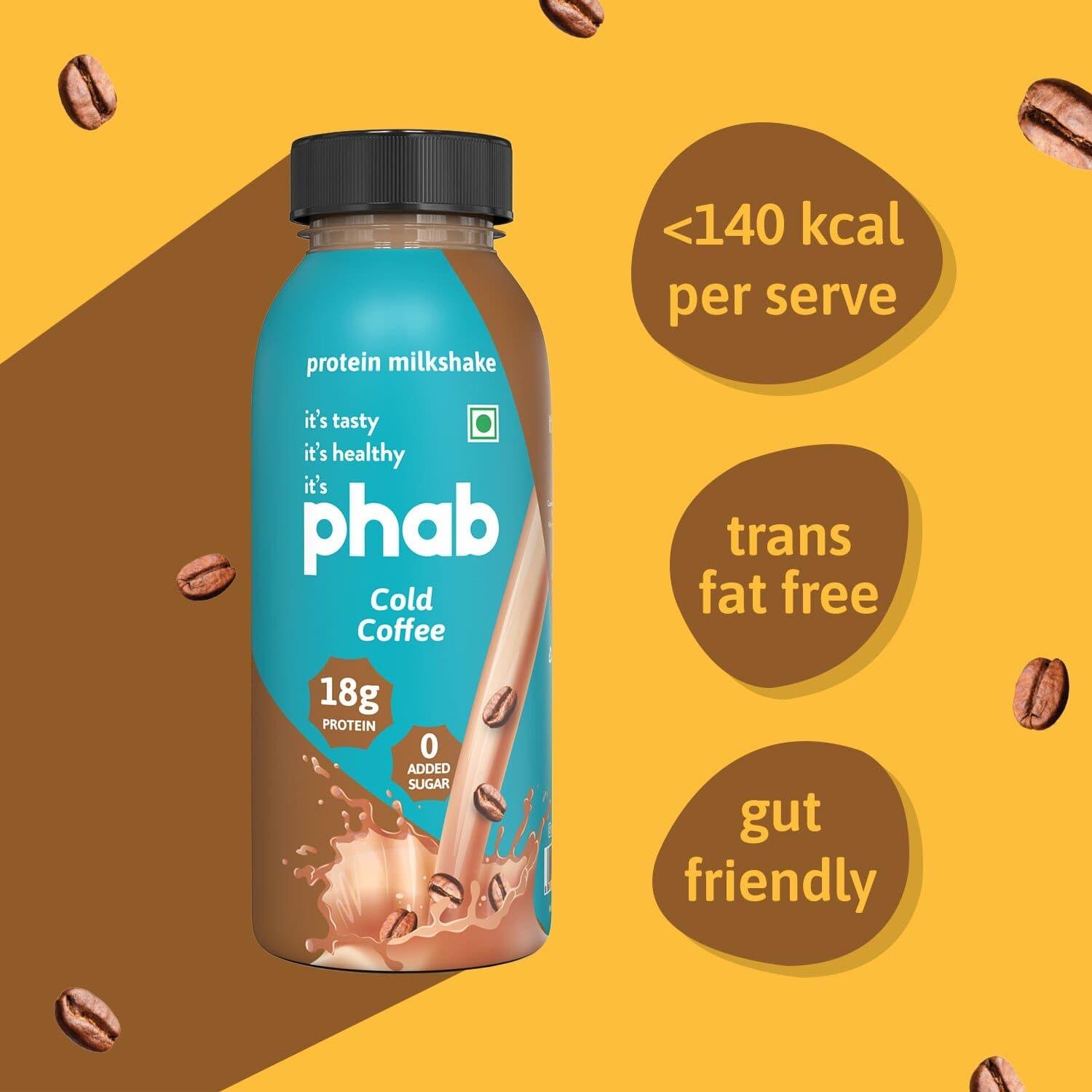 Phab Phab Cold Coffee Protein Milkshakes with 18g Protein & No Added Sugar | Gluten-Free & Gut-Friendly, Trans Fat Free | Rich Source of Fibre & Pre-biotics | Healthy & Delicious Protein Shake (200ml, Pack of 6)