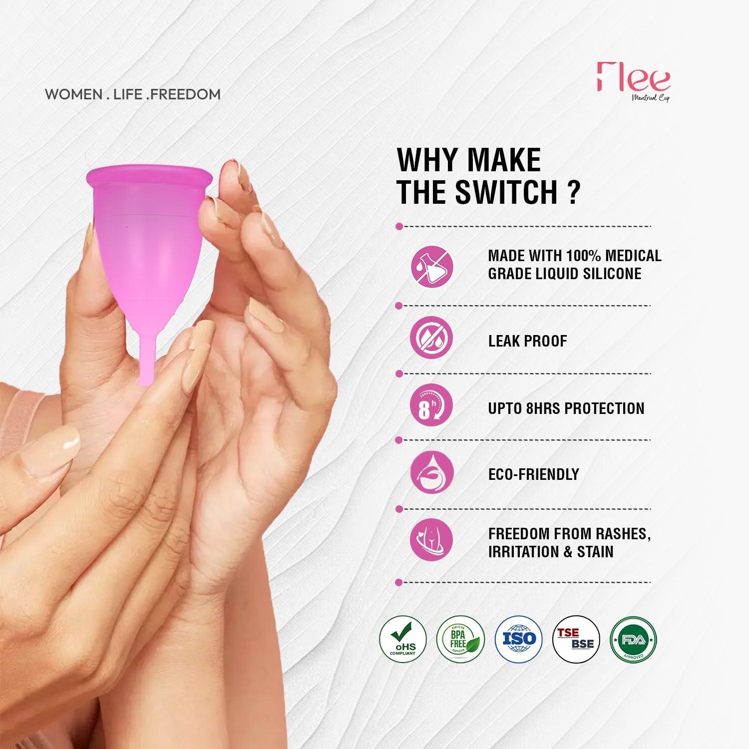 Flee Menstrual Cup Bluefin Flee Reusable Menstrual Cup for Women - Small | Medium | Large Size With Pouch | Clean your Period Cup Effortlessly | Silicone Body, Odour And Rash Free, No Leak (PURPLE, MEDIUM)