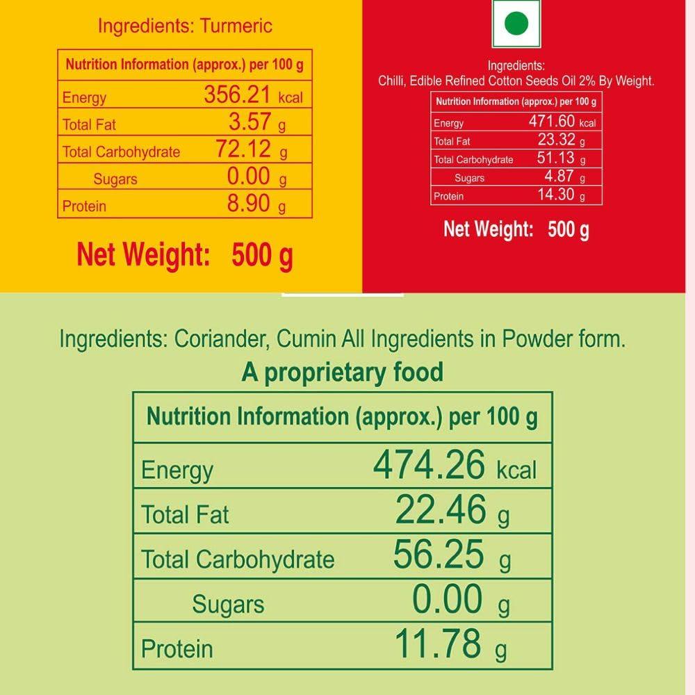 VASANT VASANT Masala Combo Pack of 3 | Combo Pack (Chilli Powder + Turmeric Powder + Coriander Cumin Powder) | Chilli, Chili | Turmeric, Haldi, Haldar | Coriander Cumin, Dhana Jeeru, Dhaniya Jeera | Indian Spices & Masala | Vegetarian | 500 gm each