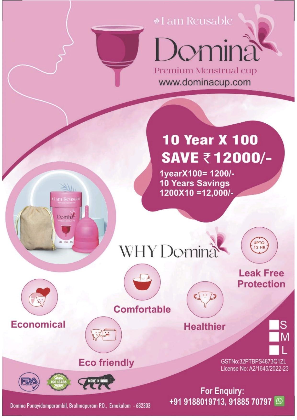 DOMINA DOMINA Reusable Menstrual Cup Ultra Soft, Odour & Rash Free|100% Medical Grade Silicone|No Leakage|Protection For Up To 8-10 Hours (Large),1 Count
