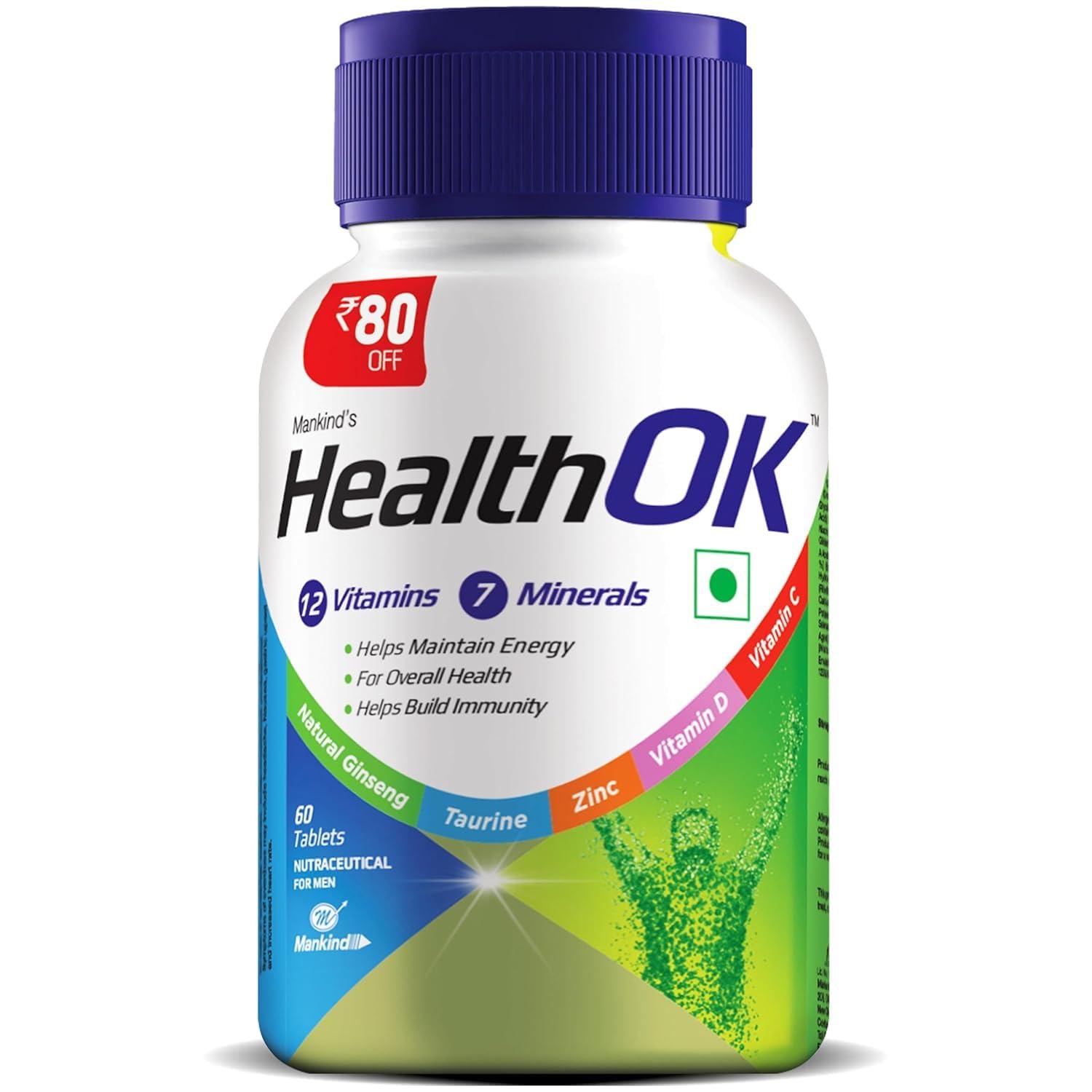 Health Ok Health OK Multivitamin with Natural Ginseng, Taurine power, Daily Energy, alertness, Vitamin D, C & other 18 multivitamins minerals, for Overall Health, 30 Tablets (Veg) x Pack of 2