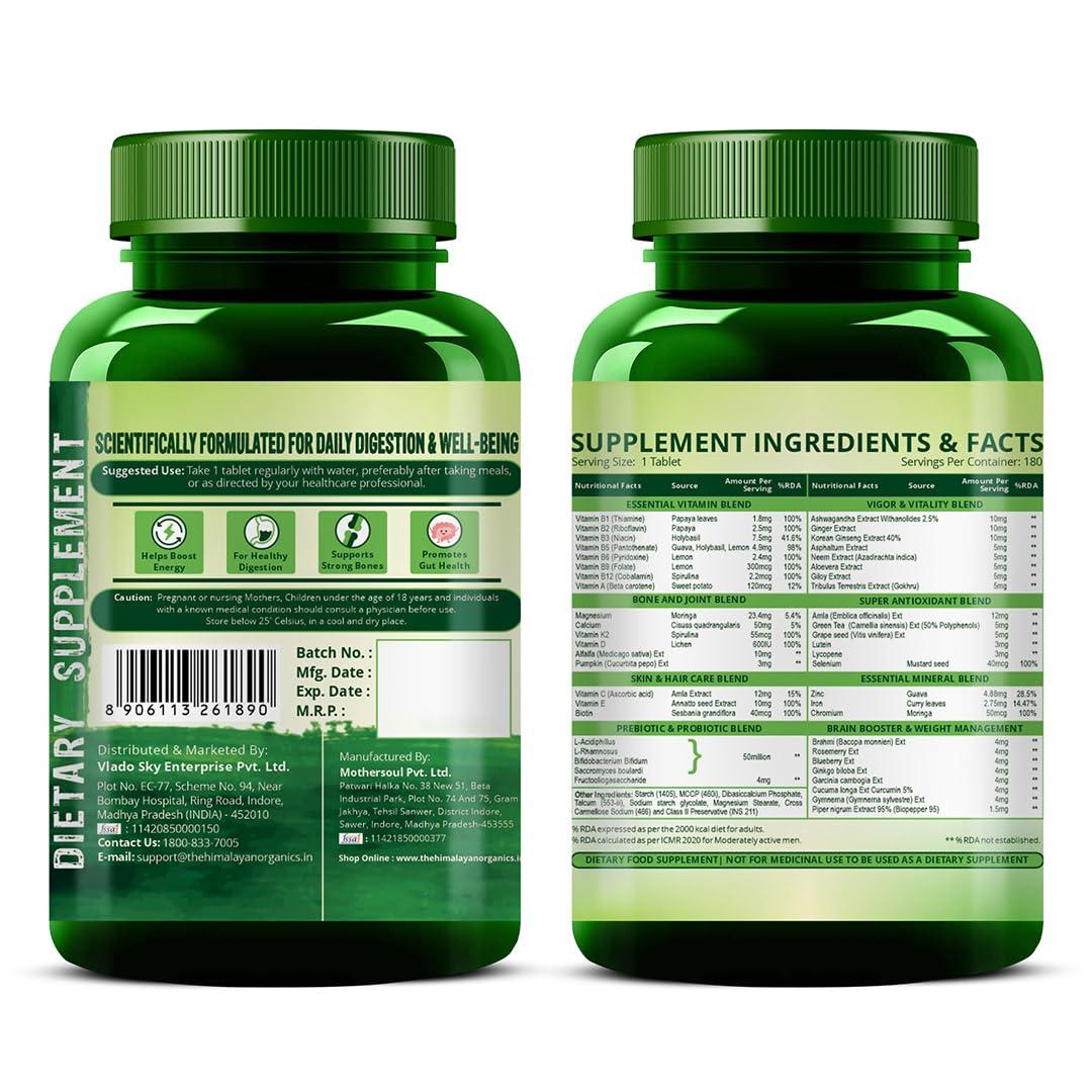 HIMALAYAN ORGANICS Himalayan Organics Multivitamin for Men & Women with 40 Ingredients - 180 Tablets - with Probiotics