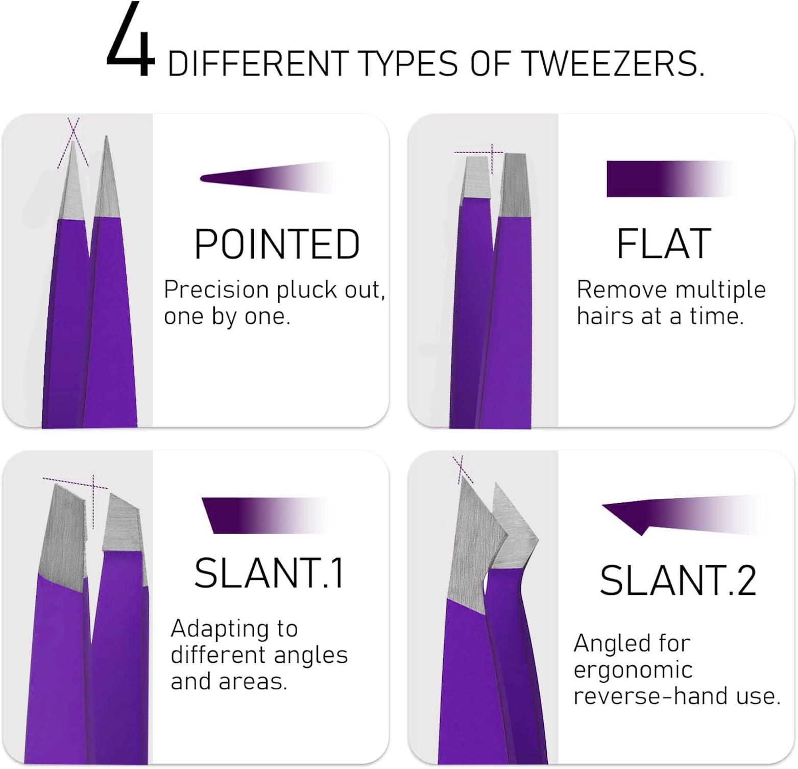 PROMAX Promax Care EyeBrow 4-piece Tweezers Set;-for Eyebrow Plucking, Ingrown Hair -Best for Eyebrow Hair, Facial Hair Removal,Splinter - Stainless Steel Precision Sharp- Pointy Ends Meet Perfectly (Purple)