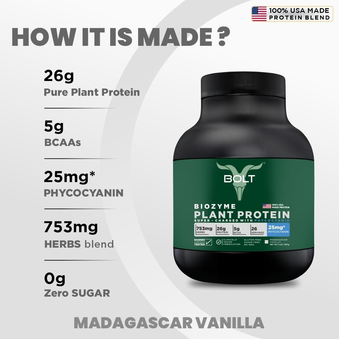 Bolt Bolt Biozyme Plant Protein | Vegan Protein with Superfood PHYCOCYANIN and Ayurvedic Herbs | Complete Amino Acid Profile for muscle Support and Recovery | 2Lb/32oz, 26 Servings | Madagascar Vanilla