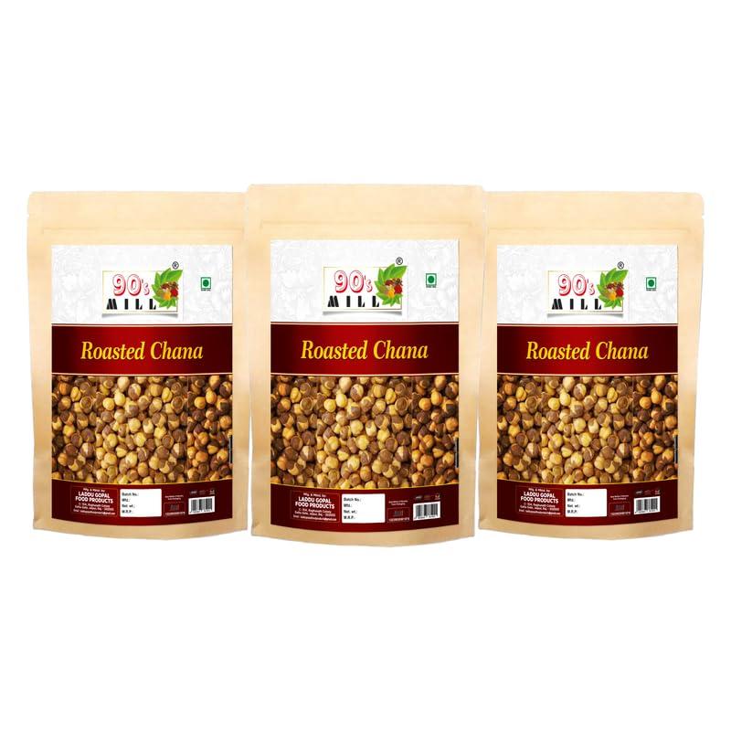 90\'s MILL 90\'s MILL Radhe Roasted Chana Bhuna Chana Desi Chana Chickpeas | Plain Yellow Brown Roasted Chana With Skin | Indian Bhungda Bhungade Chana Roasted Chickpeas Snacks Ready to eat-250 * 3Pack