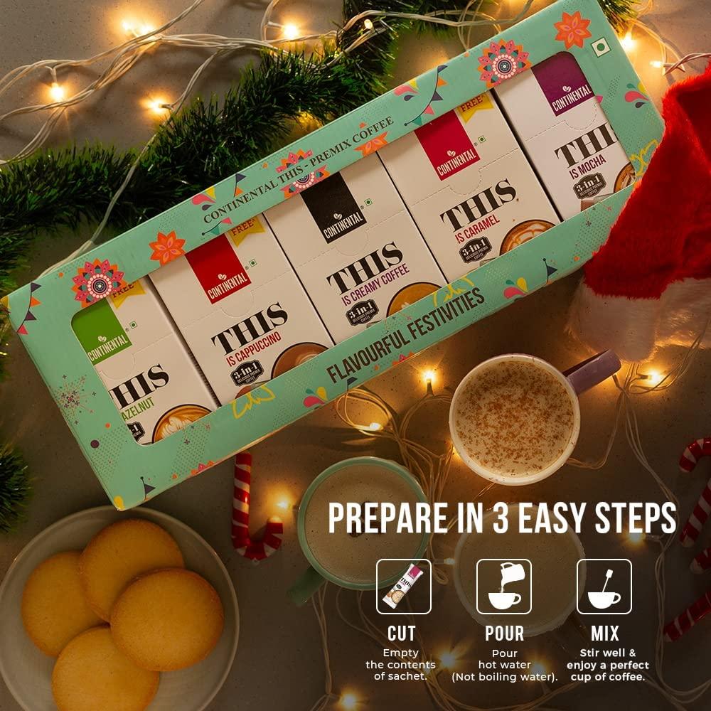 Continental This Continental THIS 3 in 1 Flavour Coffee Premix Combo (Creamy + Hazelnut + Cappuccino + Caramel + Mocha), 708gm (GIFT/FESTIVE PACK)