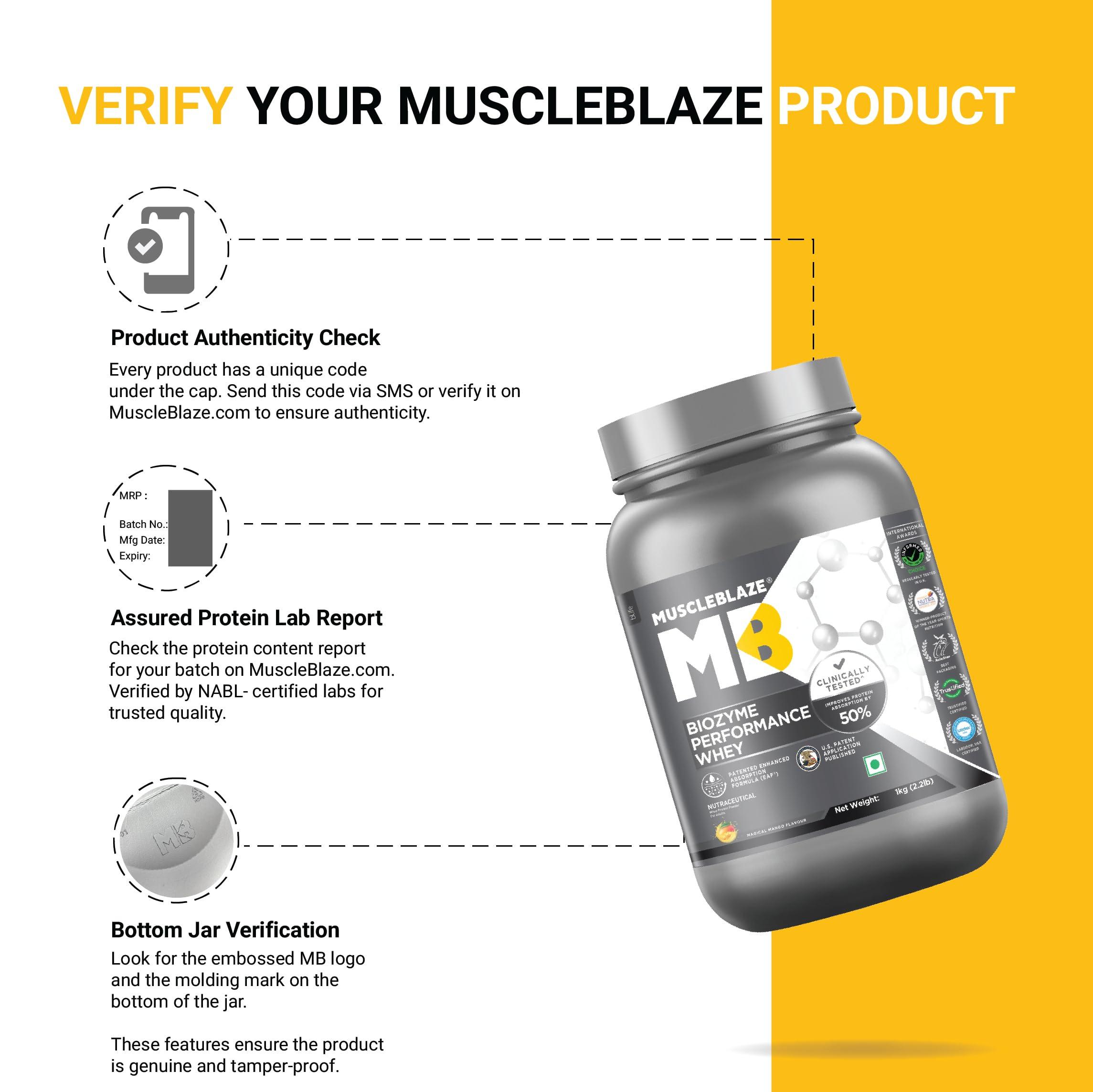 MuscleBlaze MuscleBlaze Biozyme Performance Whey Protein | Clinically Tested 50% Higher Protein Absorption | Informed Choice UK, Labdoor USA Certified & US Patent Filed EAF (Magical Mango, 1 kg / 2.2 lb)