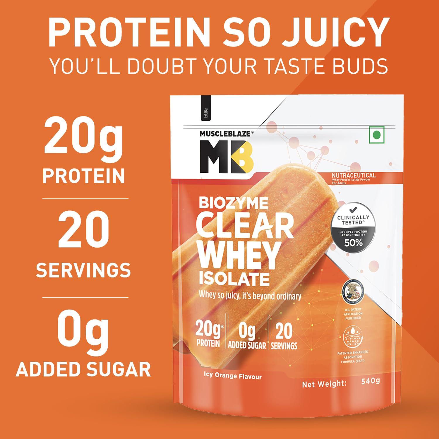 MuscleBlaze MuscleBlaze Biozyme Clear Whey Protein Isolate | 20g Protein, 92 Calories, Zero Added Sugar (Icy Orange Flavour, 20 Servings)