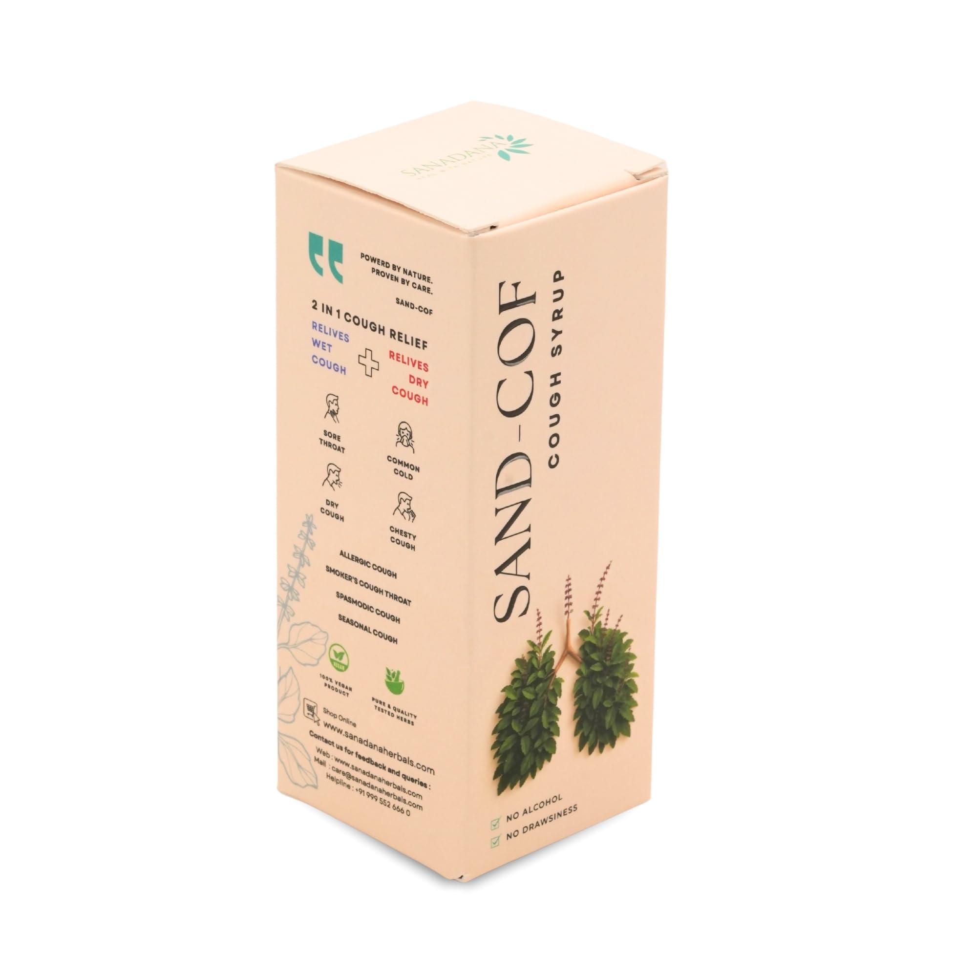 SAND COF Sand Cof Cough Syrup With Goodness of Chukku, Aymodakam, Thippali, Adalodakam, Kurumulaku & Tulsi, Ayurvedic Cough Reliever, (100ml - Pack of 2)
