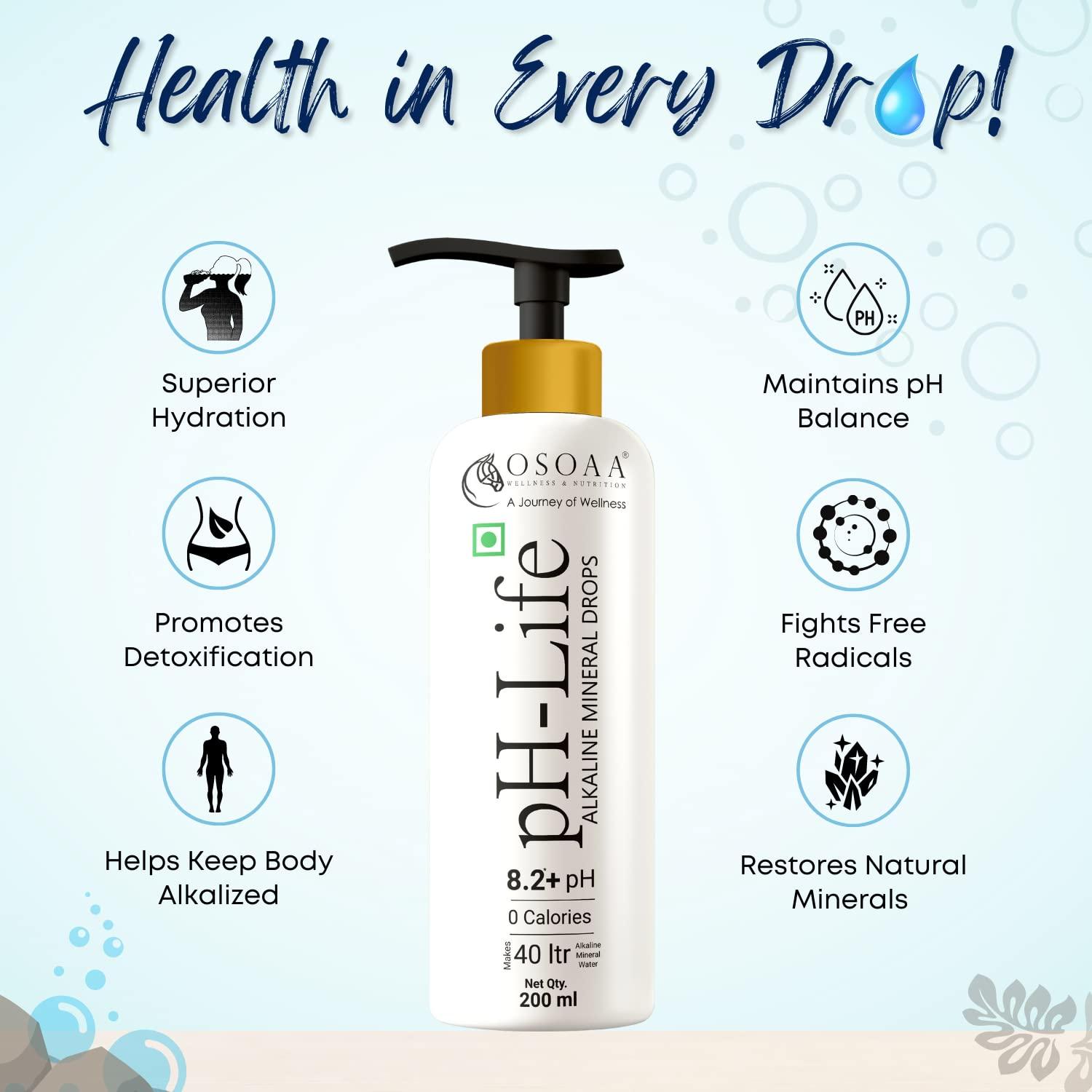 OSOAA OSOAA Ph-Life Vegetarian Alkaline Mineral Water Drops (200Ml)|Makes 40L Alkaline Water|8.2+ Ph Booster Drops For Ro Water|14 Minerals,0 Calorie|Drinking Water Enhancer Liquid