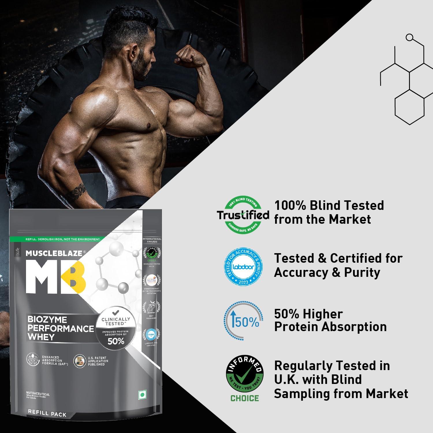MuscleBlaze MuscleBlaze Biozyme Performance Raw Whey Protein | Clinically Tested 50% Higher Protein Absorption | Informed Choice UK, Labdoor USA Certified & US Patent Filed EAF (Unflavoured, 1 kg / 2.2 lb)