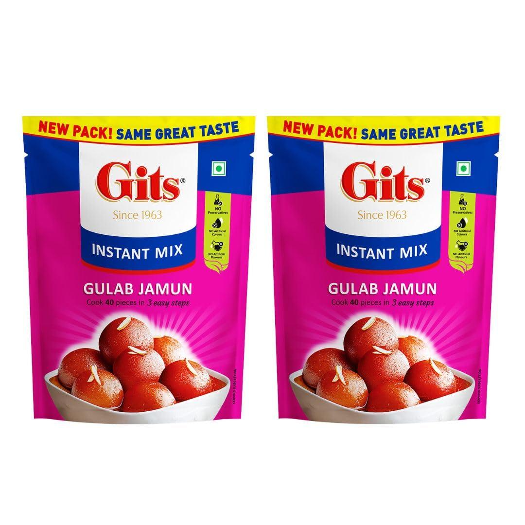 Gits Gits Instant Gulab Jamun Dessert Mix, Makes 40 per Pack, Pure Veg, Delicious Indian Dessert and Mithai, 400g (Pack of 2, 200g Each), White
