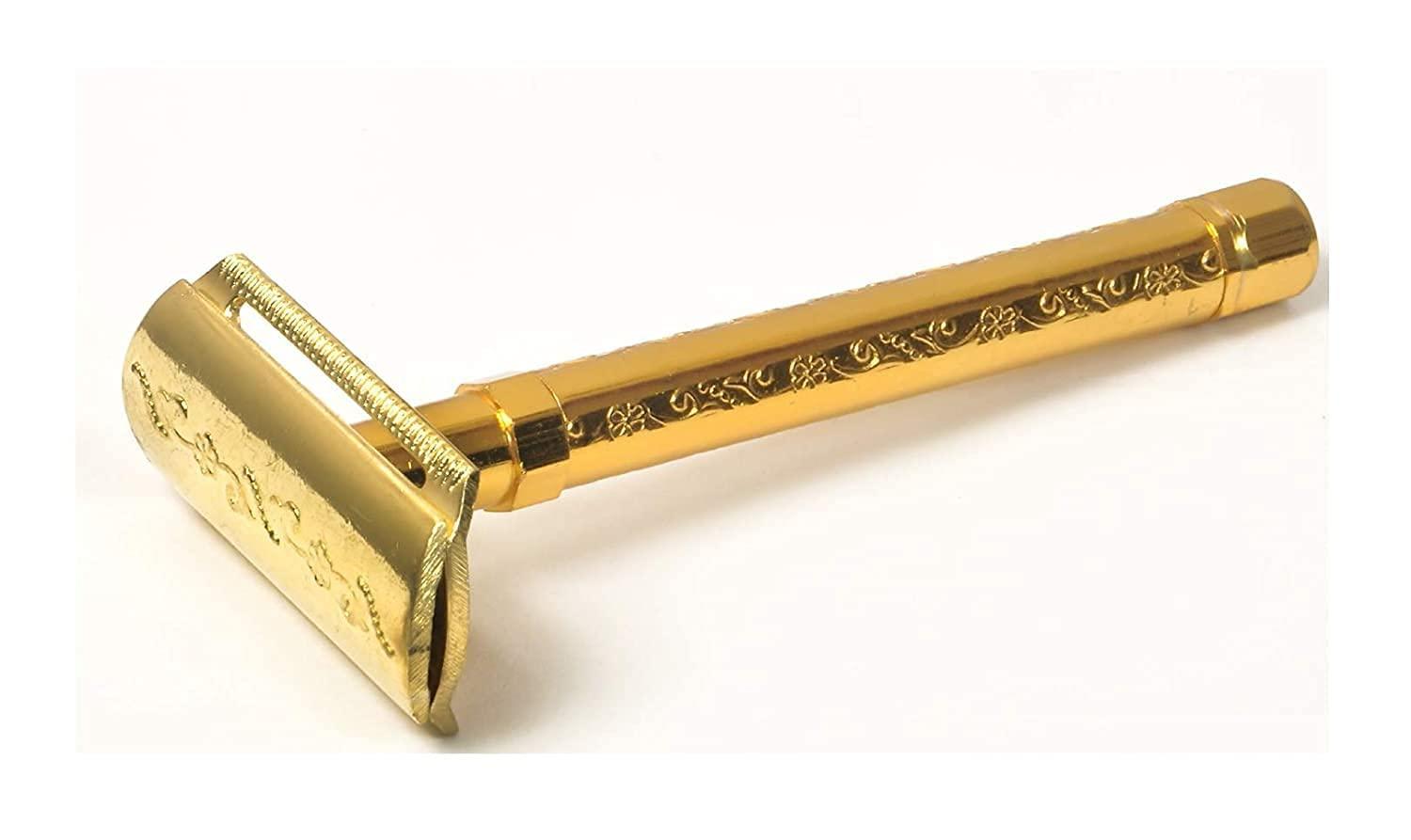 Sonntag Sonntag Long Handle Double Edge Safety Razor Brass Razor For Men and women + 5 Shaving Blades Free (Brass Gold Shaving Razor Flower Design)