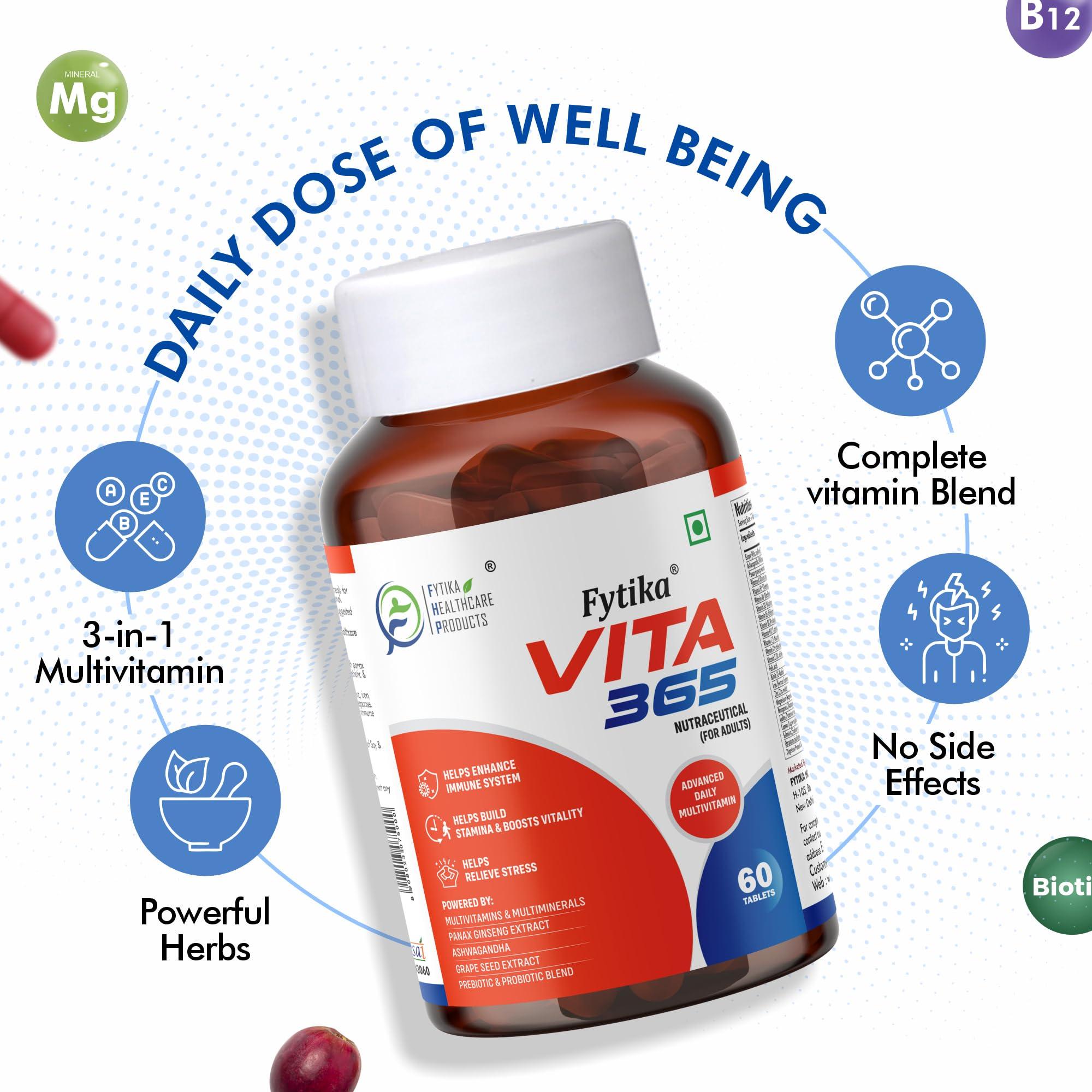 FYTIKA Fytika Healthcare Products Vita 365|Multivitamin For Men & Women|With Ashwag&ha,Ginseng,Probiotics & Prebiotics & Biotin| Enhances Energy,Stamina,Immunity & Digestion|120 Tablets, 180 grams