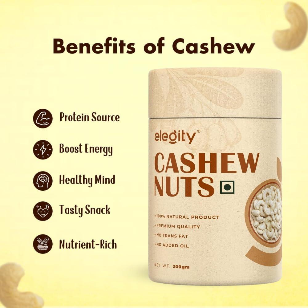 ELEGITY Elegity 100% Natural W210 Plain Cashew Papertube 200 gm | Whole Kaju - Nutritious, Delicious & Crunchy | No Added Preservatives in Dry Fruit | Source of Fibre, Rich in Protein