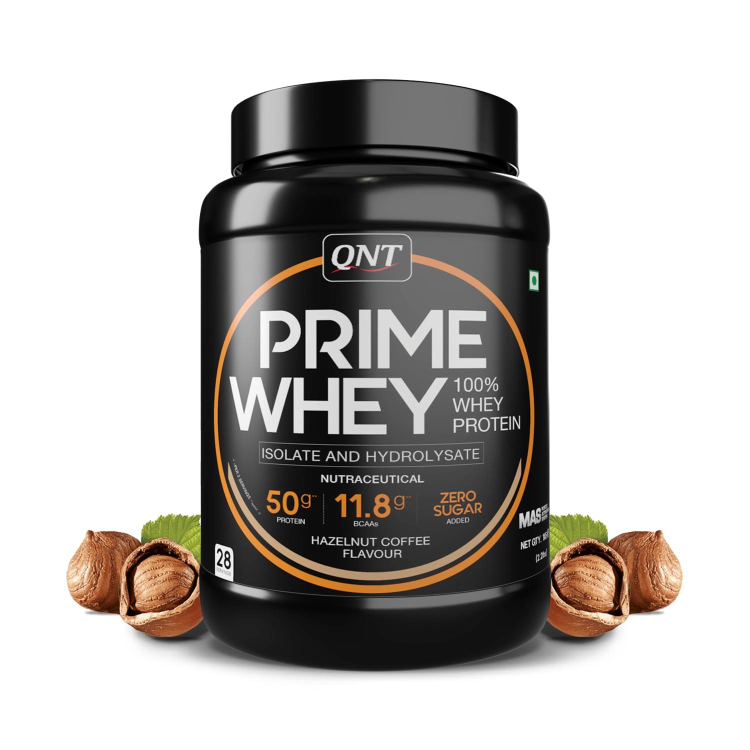 QNT QNT Prime Whey Protein Powder | Hazelnut Coffee, 1 Kg | Triple Blend of Whey Isolate, Concentrate & Hydrolysate | 25g Protein, 5.9g BCAA per Scoop | Best Whey Protein Powder for Men & Women