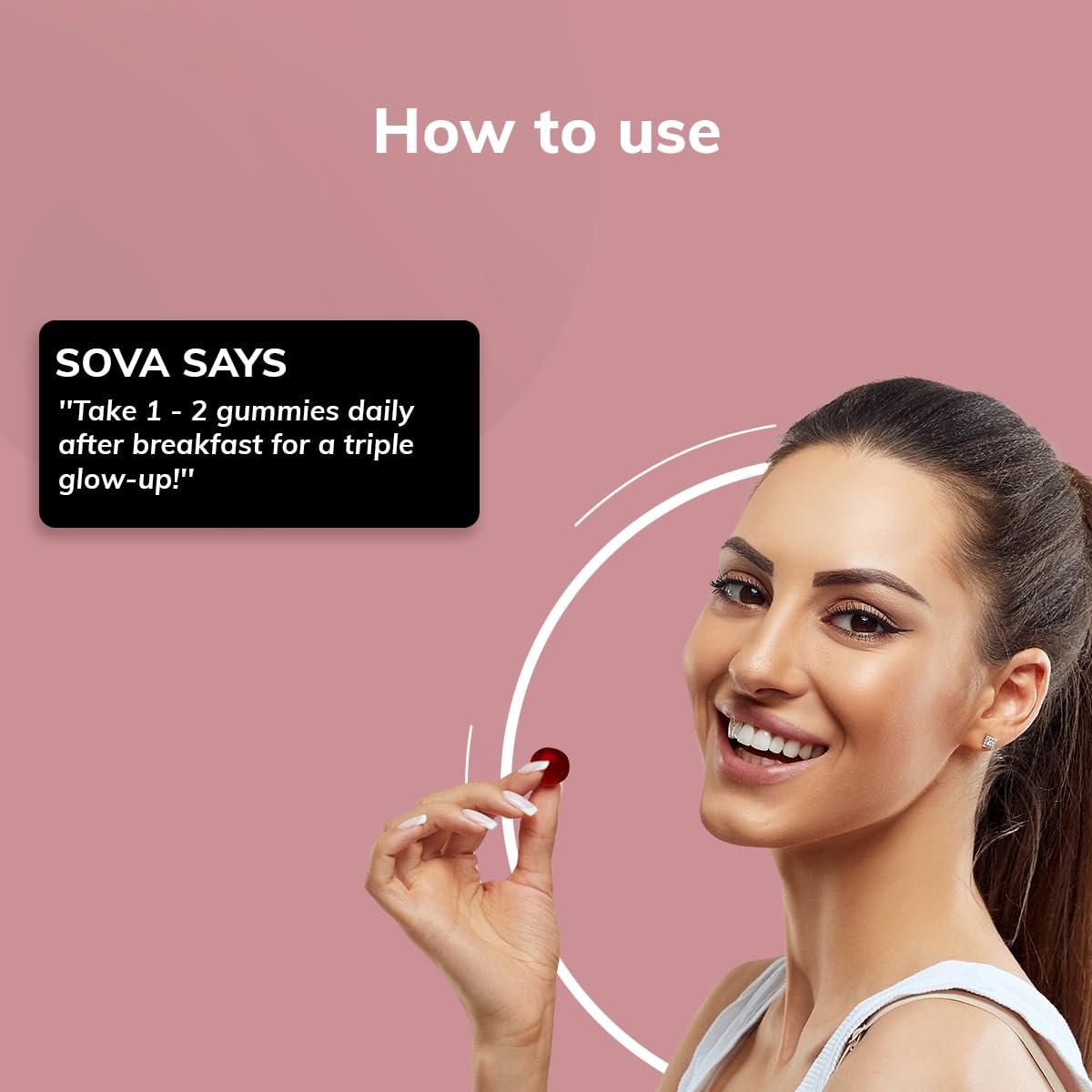 SOVA Sova Probiotic Plant Based Biotin Gummies | Acne Prevention & Glowing Skin | Prebiotics + 5 Billion CFUs Probiotics |10000 mcg Plant-Based Biotin, Hyaluronic Acid, Vitamin C, Amla | 30 Vegan Sugarless Gummies | Inner Beauty