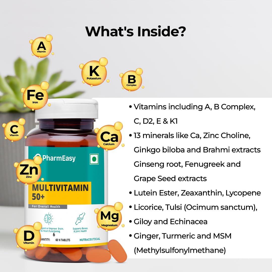 PharmEasy PharmEasy Multivitamin 50 Plus Age Tablets with Vitamins, Minerals, Herbal Extracts, Antioxidants, Immunity and beauty Blend for Energy, Heart, Bones and Skin Support - 60 Tablets