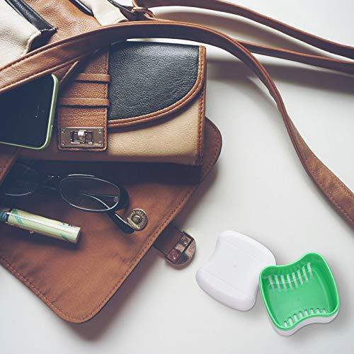 Patelai 2 Denture Bath Cases with 2 Denture Cleaner Brushes Denture Boxes Dentures Container with Basket Denture Holder Brush Retainer Case for Travel Retainer Cleaning (Green, Purple)