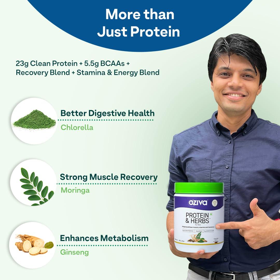OZiva OZiva Protein & Herbs for Men (Banana Caramel) I Muscle Building, Stamina & Recovery | Clean Protein, Shatavari, Green Tea I No Added Sugar, 1lbs (453gm)