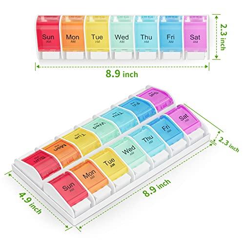 Windtrace 7 Days AM PM Pill Organizer - 2 Times a Day Large Weekly Pills Case, BPA-Free Pills Box Container Cases, Morning and Night Pill Boxes with Unique Push-Button Pop Open Design Hold Vitamin, Medicine
