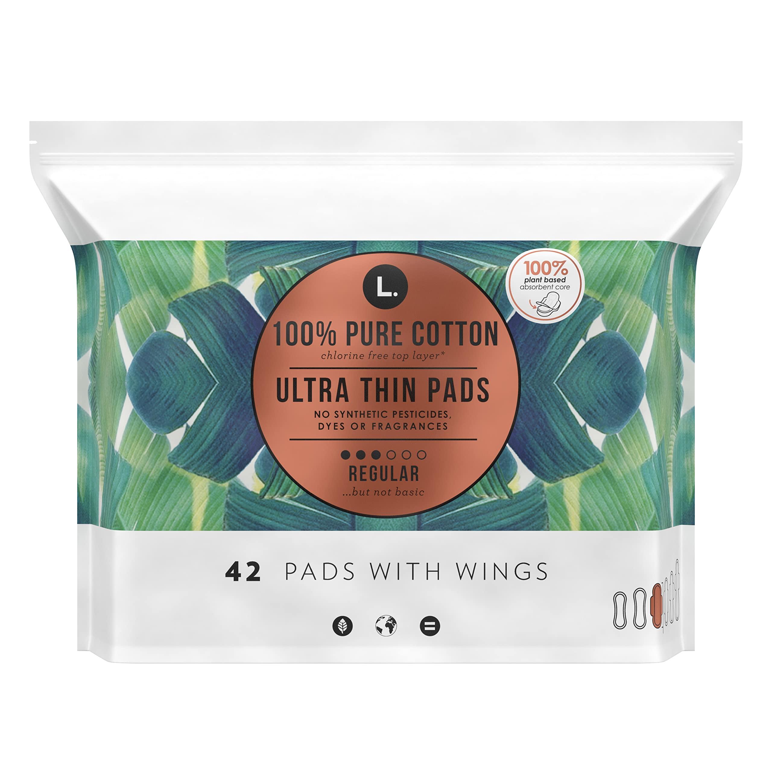 L. L. Ultra Thin Unscented Pads With Wings, Regular Absorbency, 42 Ct, 100% Pure Cotton Chlorine Free Top Layer,Pack of 42