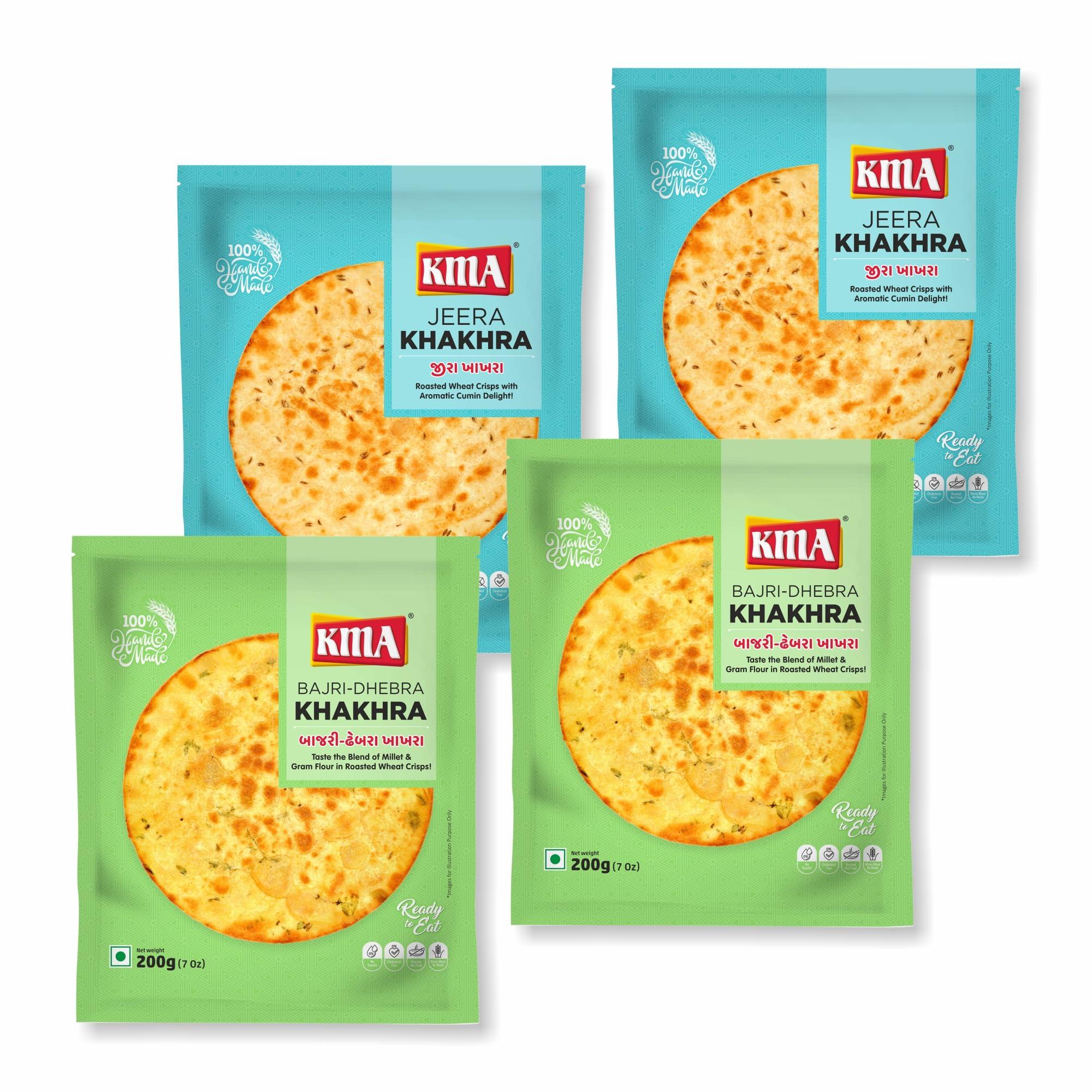 KMA KMA Gujarati Khakhra Combo 800g (4 packs * 200g each)  2 Jeera Khakhra , 2 Bajri Dhebra (Millets) Khakhra - Handmade Roasted Fresh Snacks , Ready to Eat Indian Whole Wheat Delight , Crispy & Nutritious with Authentic Taste , Healthy Diet , Low Calori