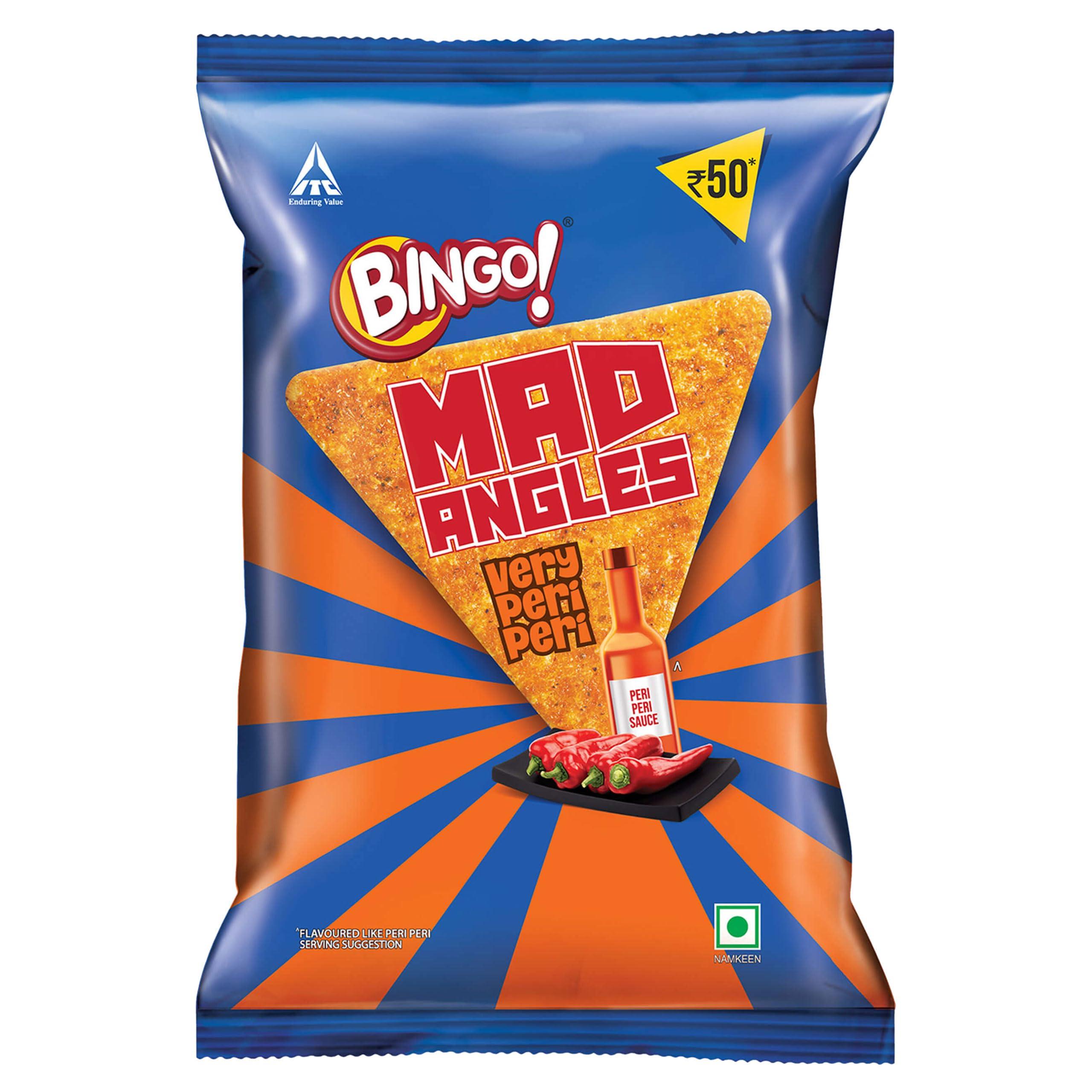 Bingo! Bingo Mad Angles Very Peri Peri - Spicy & Crunchy Corn-Based Triangle Chips Pack For Snacks 117 Gram/130 Gram