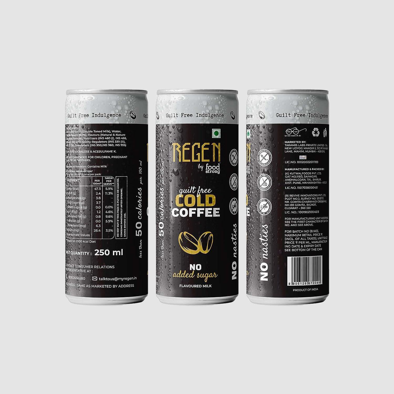 REGEN REGEN Cold Coffee - No Added Sugar| Made with 100% Arabica Coffee| Strong| Ready to Drink Can, 250 ml, Pack of 3