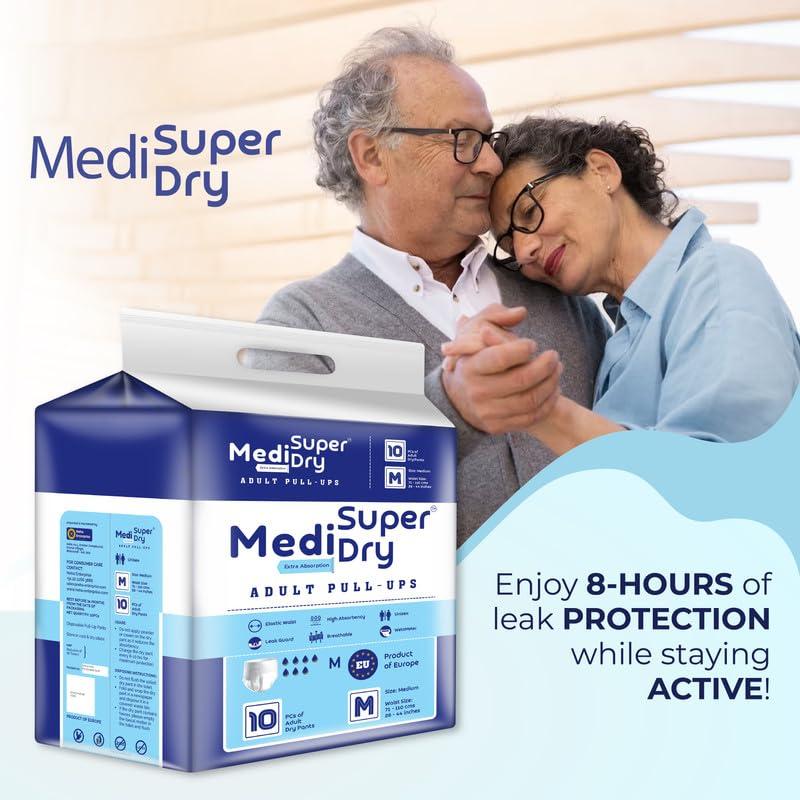 MediSuperDry MediSuperDry Adult Diaper Pants, Unisex -Medium (M) Size, Adult Pull-Ups, High Absorbency, Leak Proof, Overnight Protection, Elastic Waist Size (71-110 Cm | 28-44 Inches), 30 Pieces, Pack Of 3