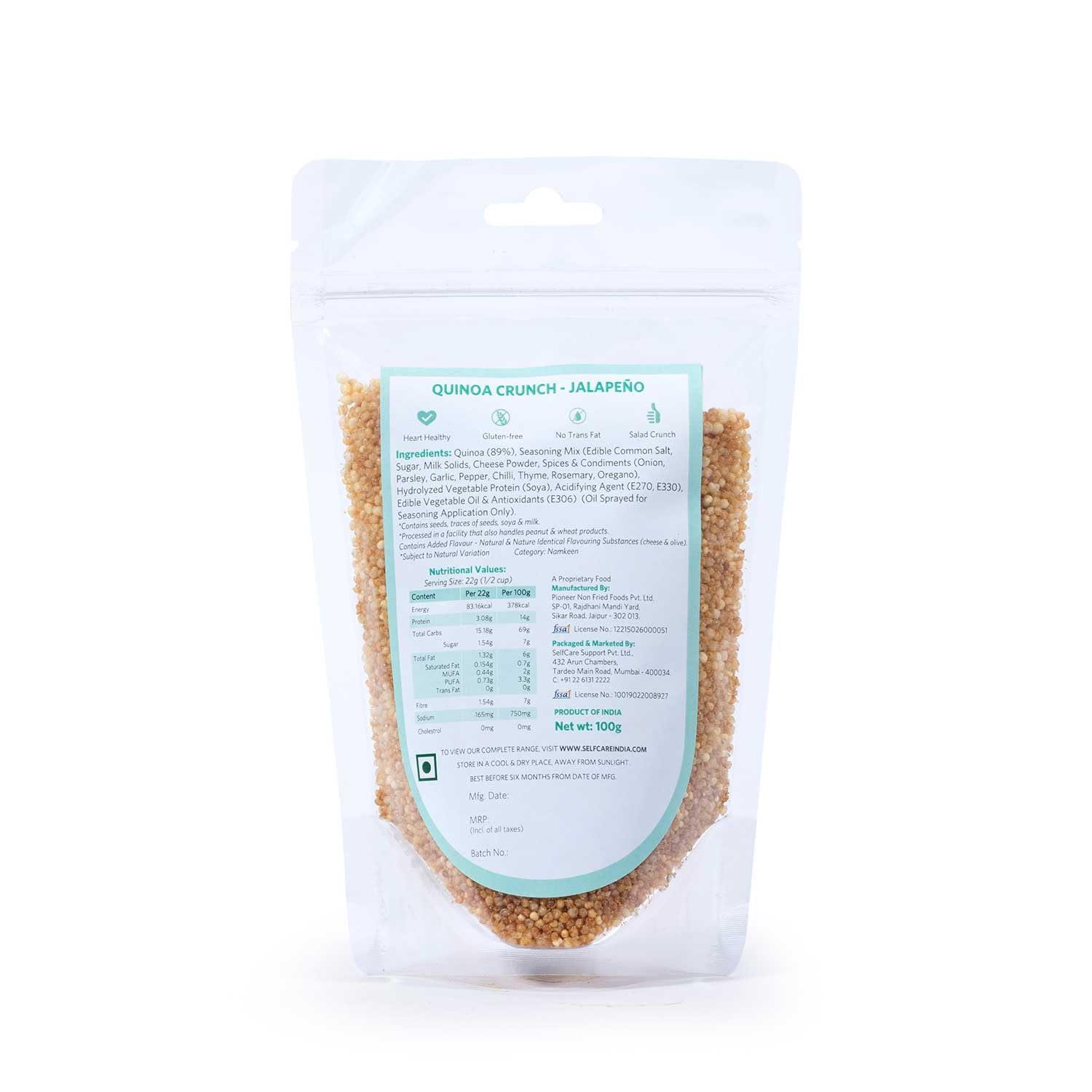 SelfCare SelfCare By Suman Agarwal Quinoa Crunch - Jalapeno Pack of 1 100g | Healthy - Baked - Gluten Free | Savoury - Snack - Namkeen - Grocery | Spicy Crunchy Chatpata - Tea time Snacking | Travel Friendly
