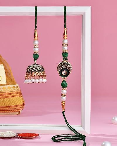 Hamam Dasta Bhai Bhabhi Rakhi Set Rakhi Gift For Brother And Bhabhi Bhaiya Bhabhi Rakhi Set Lumba Rakhi For Bhabhi Rakhi With Sweets Gift Box Barel Candy Dates Box Pearls & Greens Bhaiya Bhabhi Rakhi