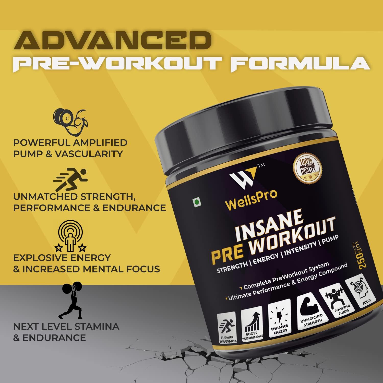 WellsPro Wellspro Insane Pre Workout 250g gym supplements for men Ultimate Performance & Energy Compound with Pump & Vascularity Amplifier, BCAA, Beet root & green tea (Mix Berry Flavor, 16 Servings)