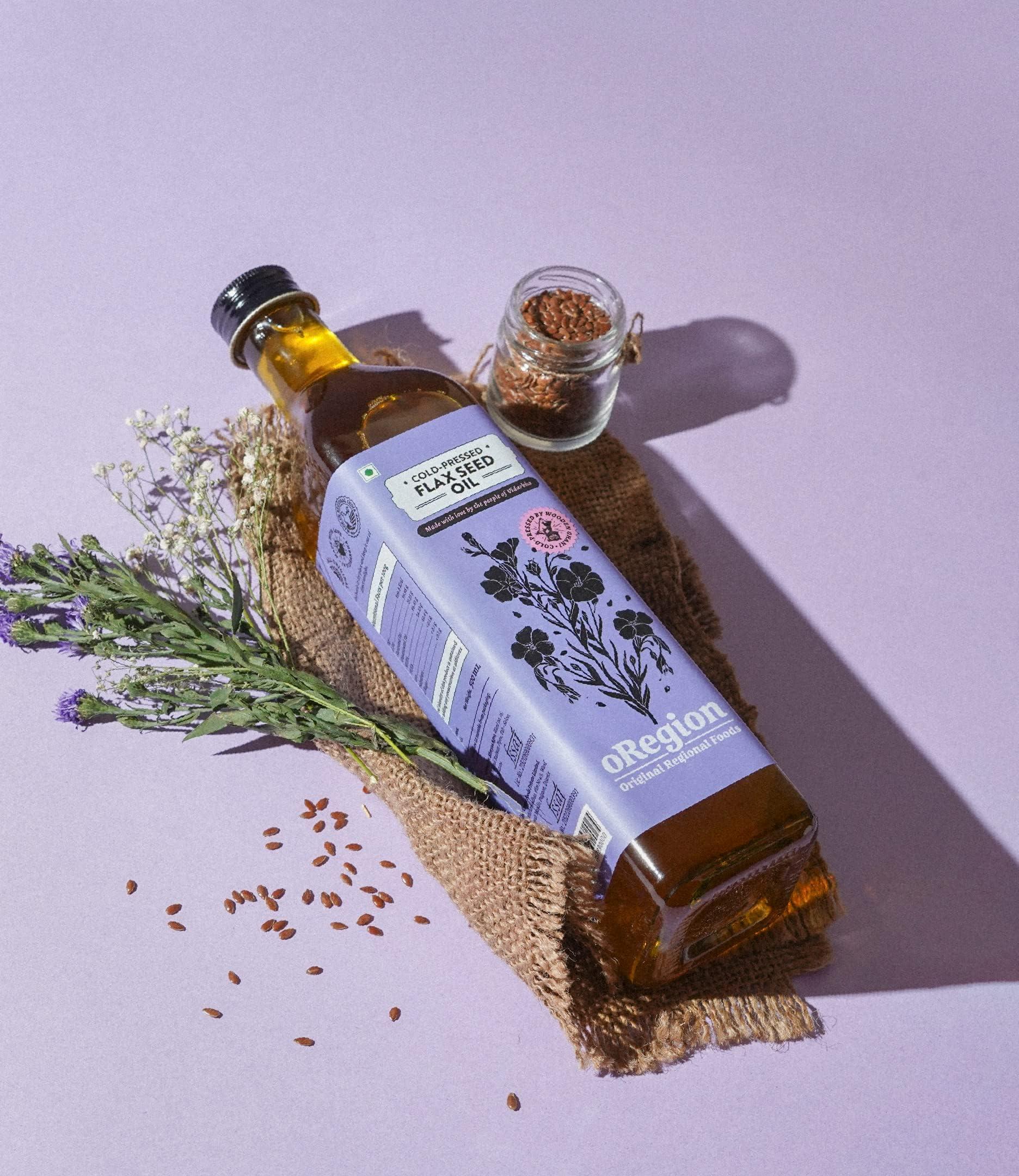 oRegion oRegion Cold Pressed Wood Pressed Flaxseed Oil(500 ml) | Kachi Ghani Alsi Ka Tel, Omega-3 Rich, Pure, Organic and Unadulterated Multipurpose, Good for Gut, Heart, Hair, Skin, Preservative Free, Glass Bottle