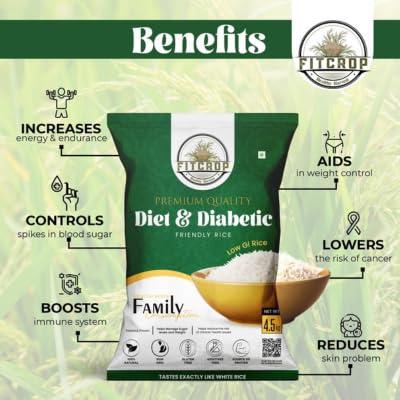 FITCROP Low GI Rice | Diabetic Friendly White Rice | US FDA Registered | Clinically Certified Low GI | Patented Technology | Natural & Pesticide Free | Dietician Recommended 4.5Kg (PACK OF 4) | Certified Organic & Naturally Gluten-Free