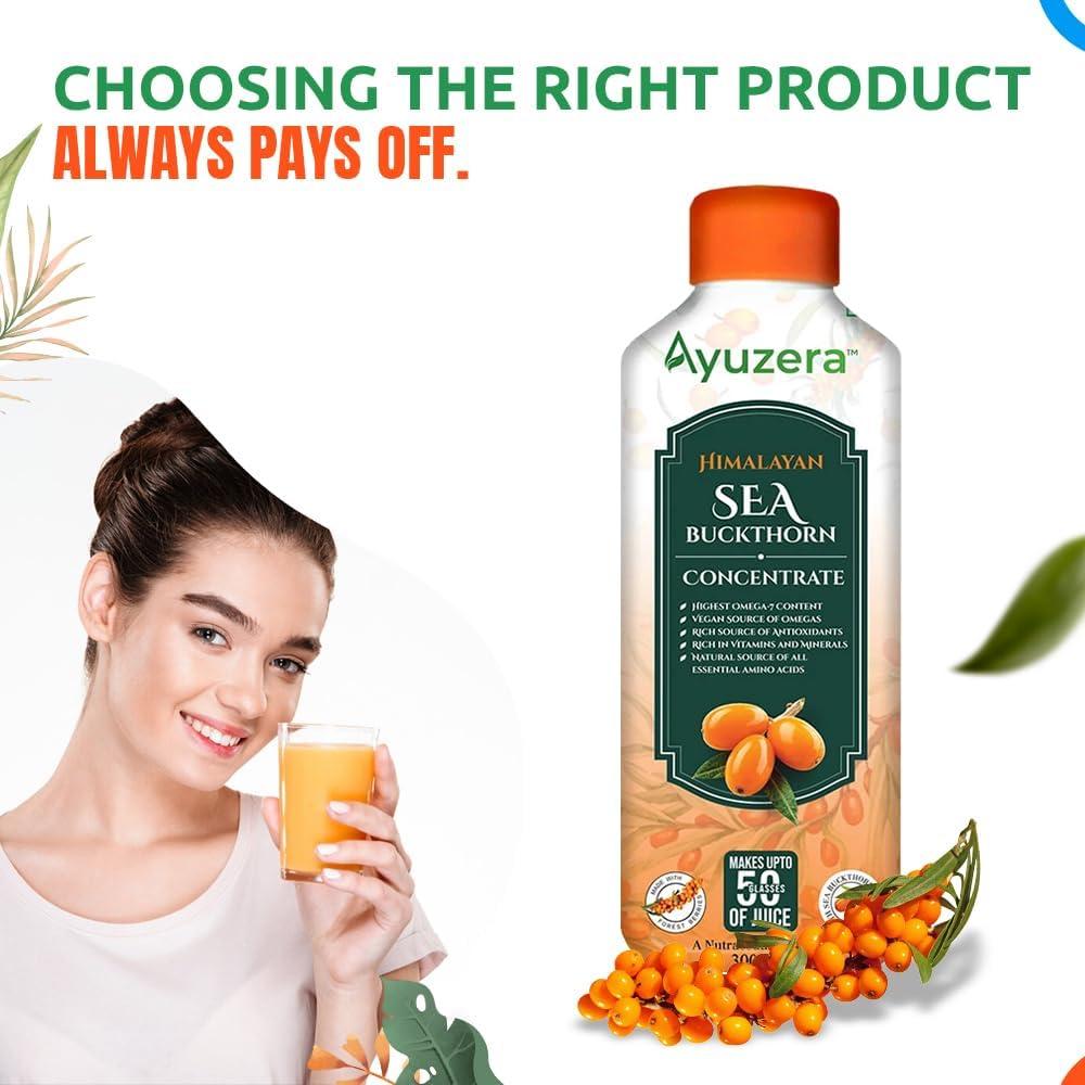 Ayuzera Ayuzera Himalayan Sea Buckthorn Pulp 300ml | Plant Based Vegan Omega 3, 6, 7 and 9 | Vegetarian Liquid Supplements | No Fish Oil | Veg, Natural & Organic | Makes up to 50 Glass Juice | Rich in Omega 7, Antioxidants, Vitamins | (900ml Pack Of 3)
