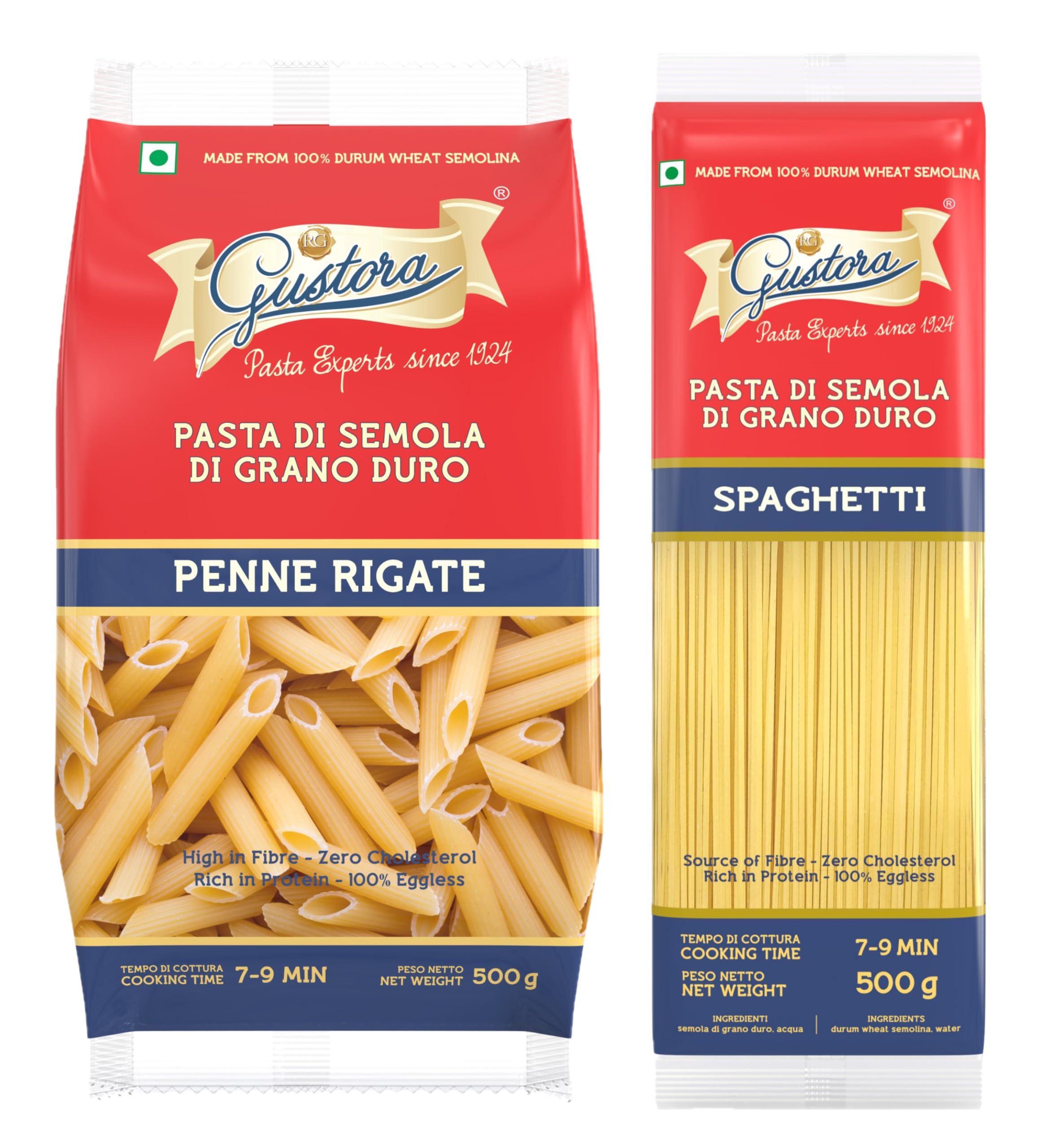 Gustora GUSTORA Combo Pack of Penne Rigate Pasta & Spaghetti Pasta, 1 KG I Italian Pasta Combo I Made of Durum Wheat Semolina I Rich in Protein & Fibre I Zero Cholesterol I Cooking Time 10 Min (500G X 2)