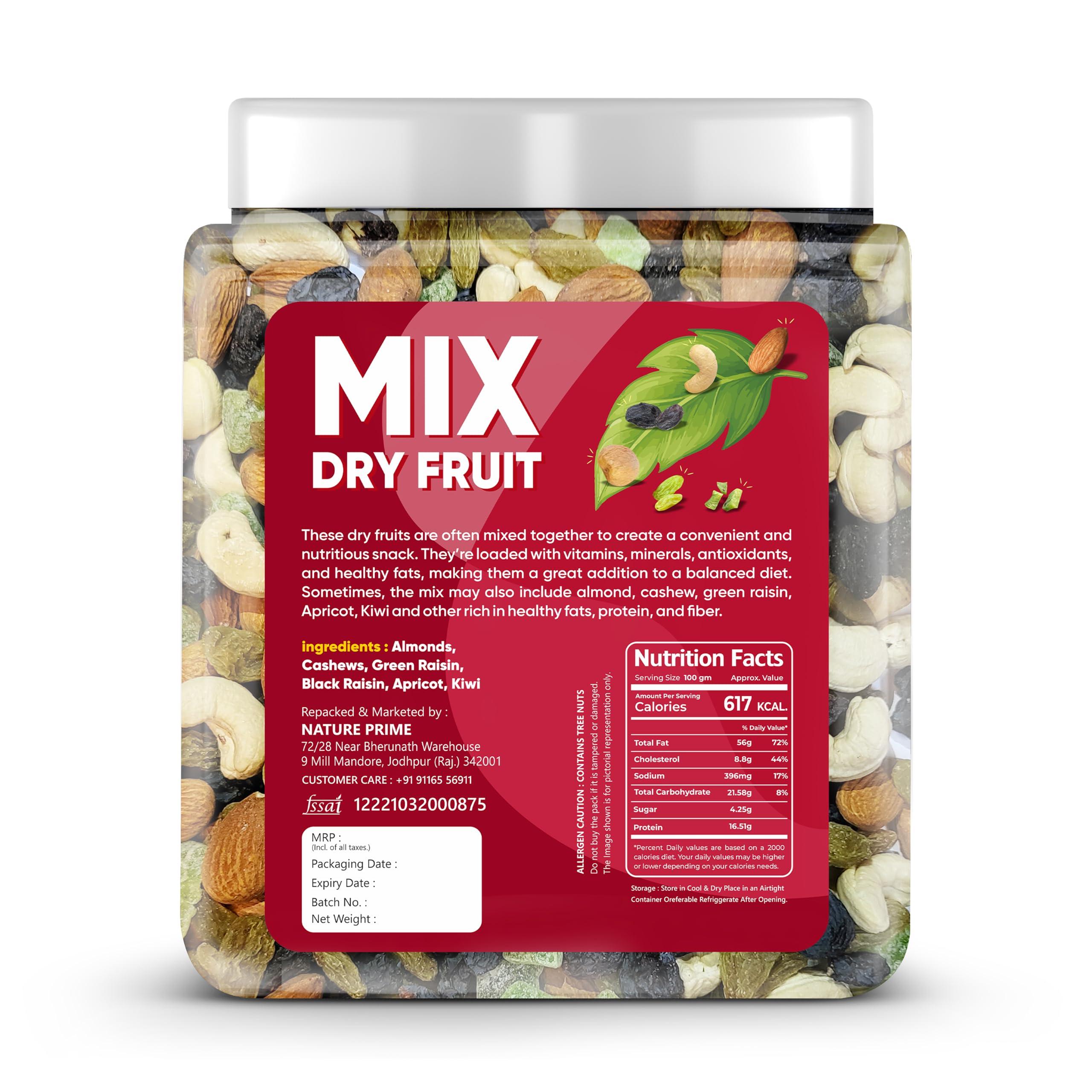 Nature Prime Nature Prime 100% Natural Premium Mix Dry Fruits 1kg with Almonds | Cashew | Kishmish | Apricot | Black Raisins | Dried Kiwi | Nuts and Dry Fruits 1 Kg (Jar pack)