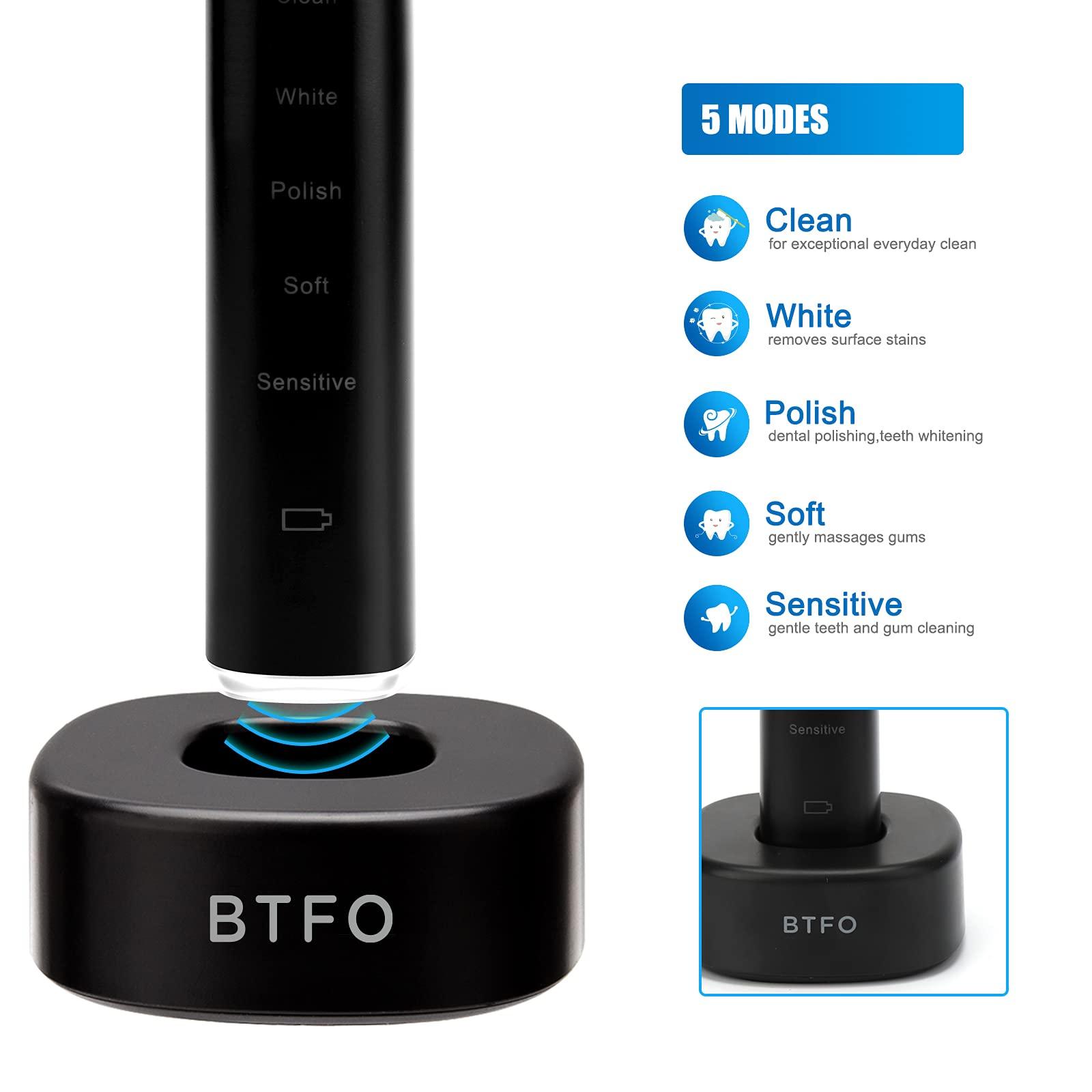 BTFO BTFO Sonic Electric Toothbrush with 5 Modes, 2pcs Replacement Brush Heads USB Rechargeable Smart Electronic Toothbrush with Holder for Adults IPX7 Waterproof Smart Timing Fast Charging (Black)