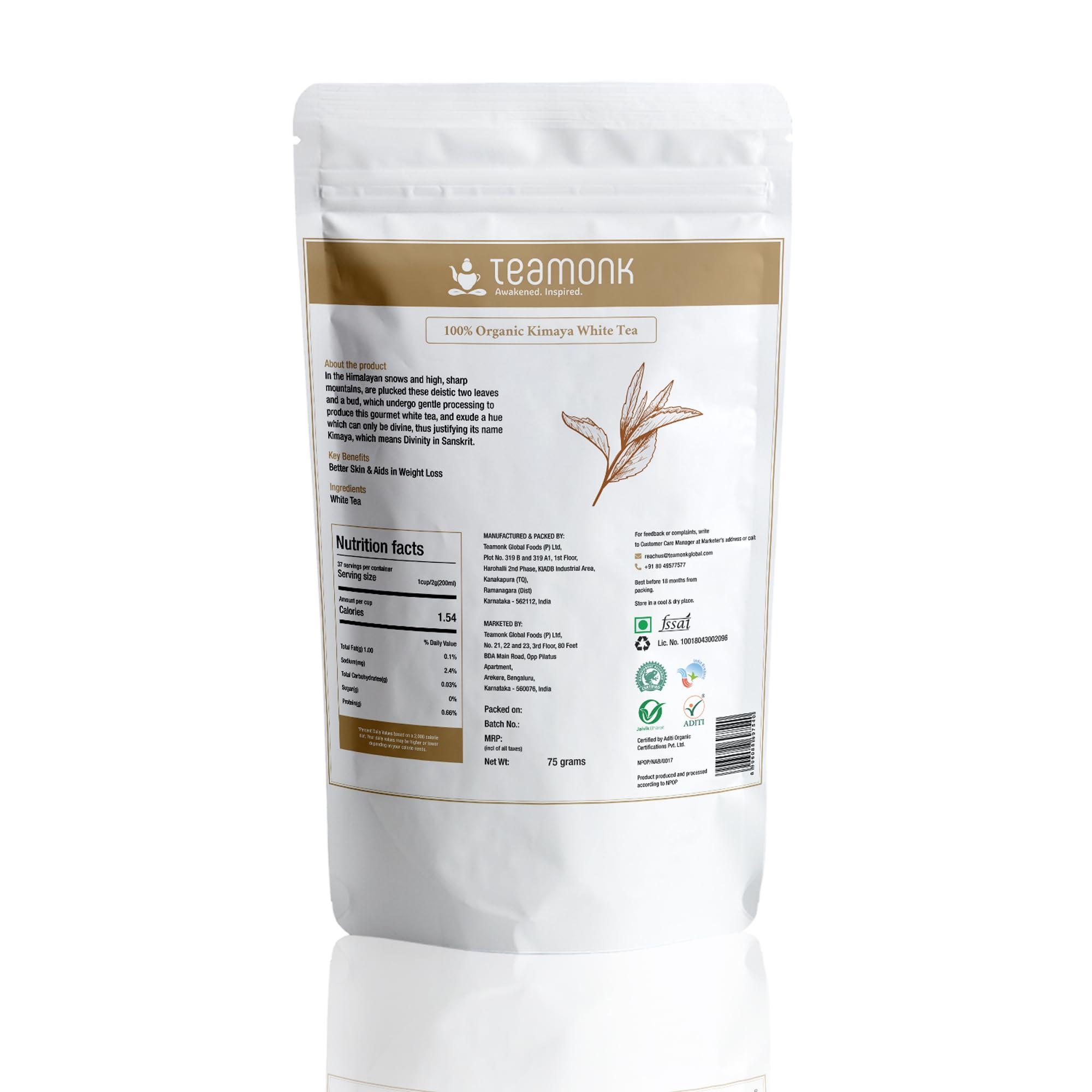 Teamonk Teamonk - Kimaya White Tea 75 Grams (Makes 38 Cups Of White Tea) | Aditi Certified Organic Darjeeling Tea | Supports Detoxification, Immunity & Skin Health | No Oils Or Artificial Aroma