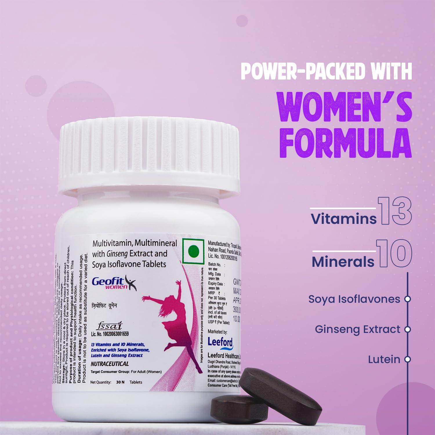 GEOFIT Geofit Multivitamin Tablets for Women with Biotin, Multiminerals and Ginseng Extract | Vitamin C, E & A | Health Supplement for Women | for Energy, Metabolism, Immunity & Stamina- 30 Tablets
