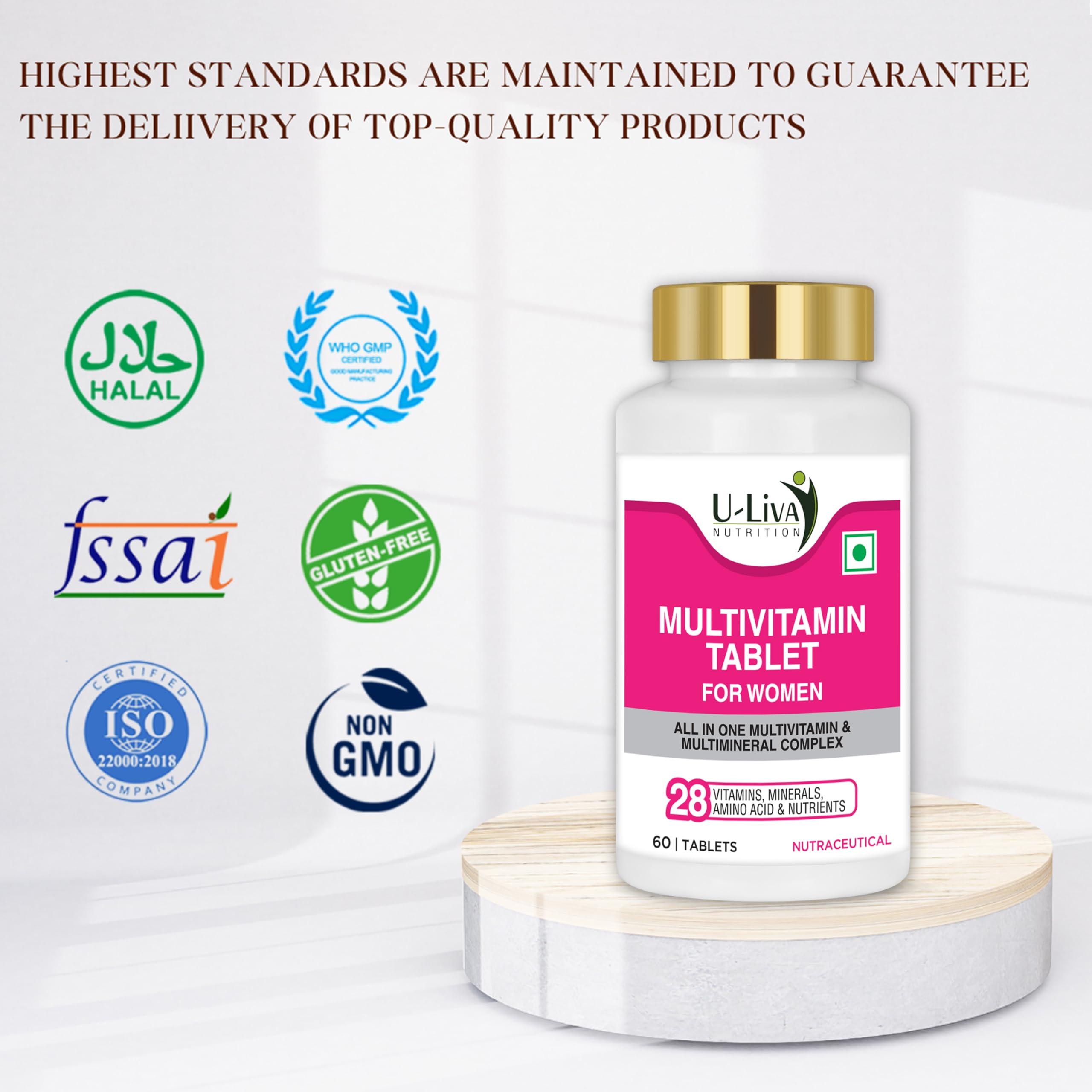 U-LIVA NUTRITION U-LIVA NUTRITION Multivitamin Tablet for Women with Biotin, Calcium for Energize and Glow 28 Vitaminerals | Multi vitamin for Women with Nutrients, Vitamin D3, B12, C, Zinc | 60 tablets