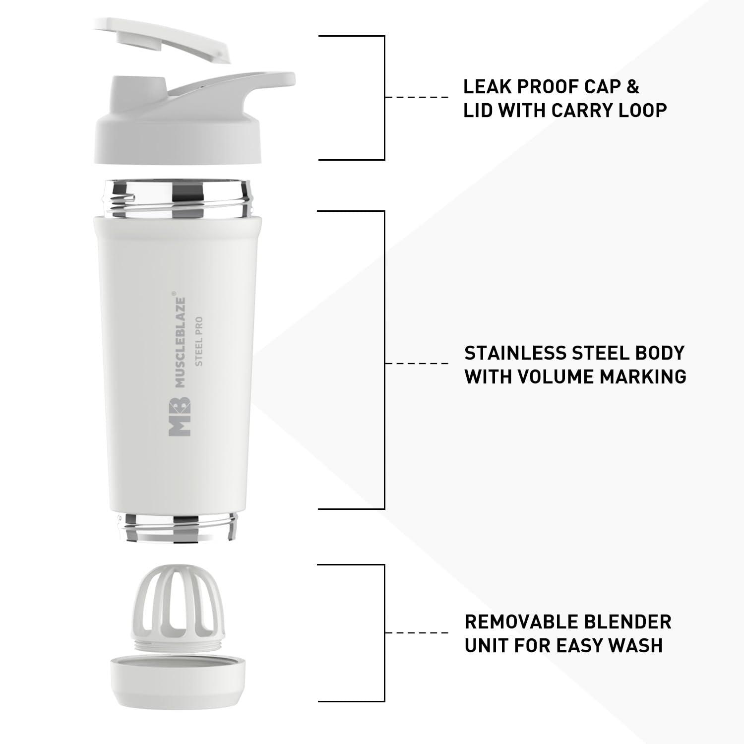 MuscleBlaze MuscleBlaze Steel Pro Shaker 700 ml with Steel Whisk, Leakproof Gym Shaker Bottle for Supplements, Pristine White