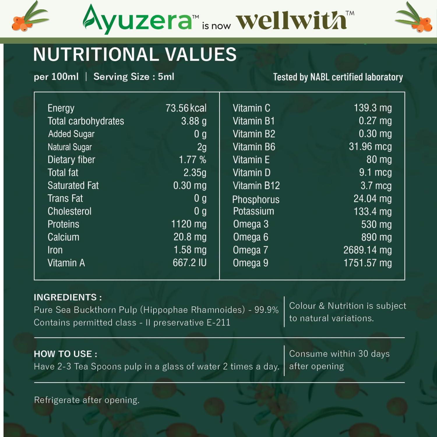 Ayuzera Ayuzera Himalayan Sea Buckthorn Pulp Concentrate 300ml | Liquid Supplements | Makes up to 50 Glass Juice (Rich in Vitamin C) | Lab Tested | Omega 3, 6, 7, and 9, and Antioxidants | (1)